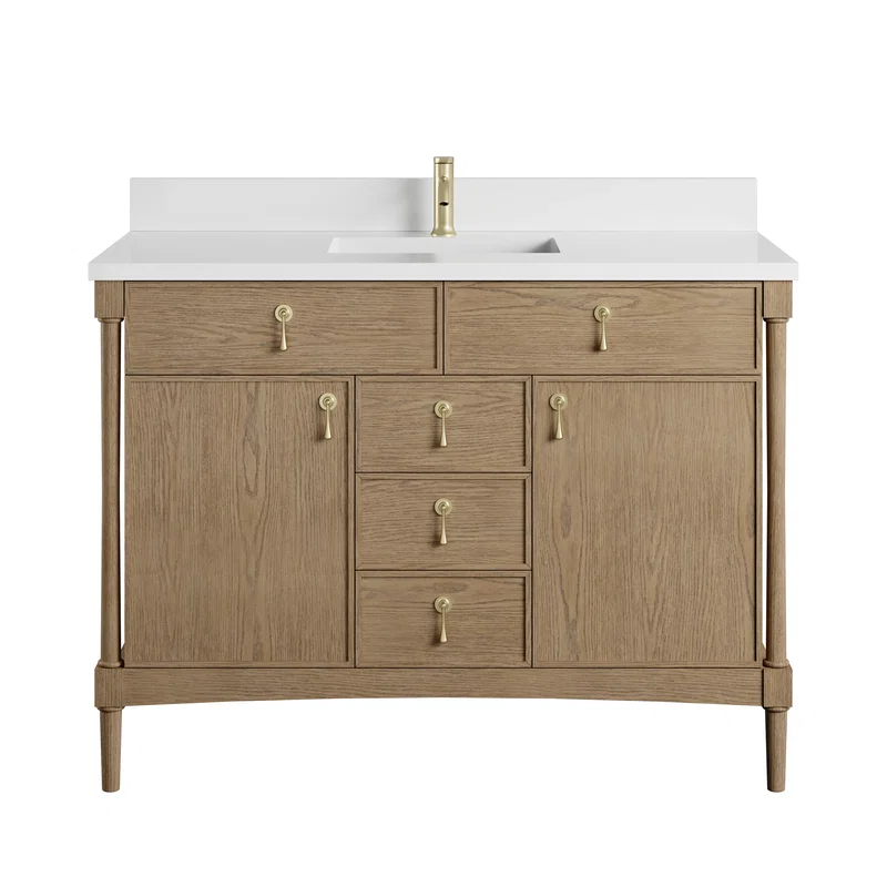 Kinnsden 48" Single Vanity, Weathered Oak w/ Single Hole 3 CM White Zeus Silestone Top and Matching Backsplash