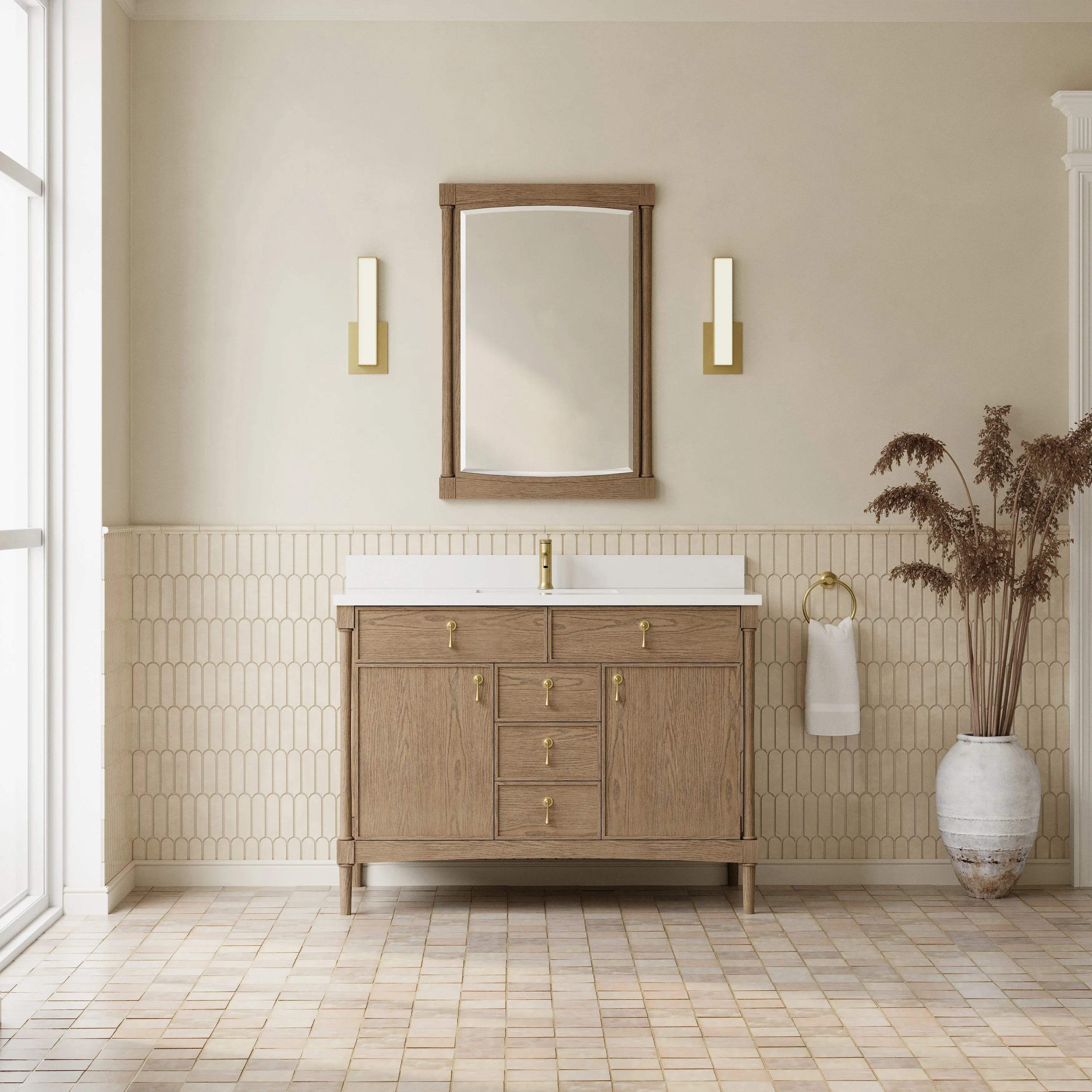 Kinnsden 48" Single Vanity, Weathered Oak w/ Single Hole 3 CM White Zeus Silestone Top and Matching Backsplash
