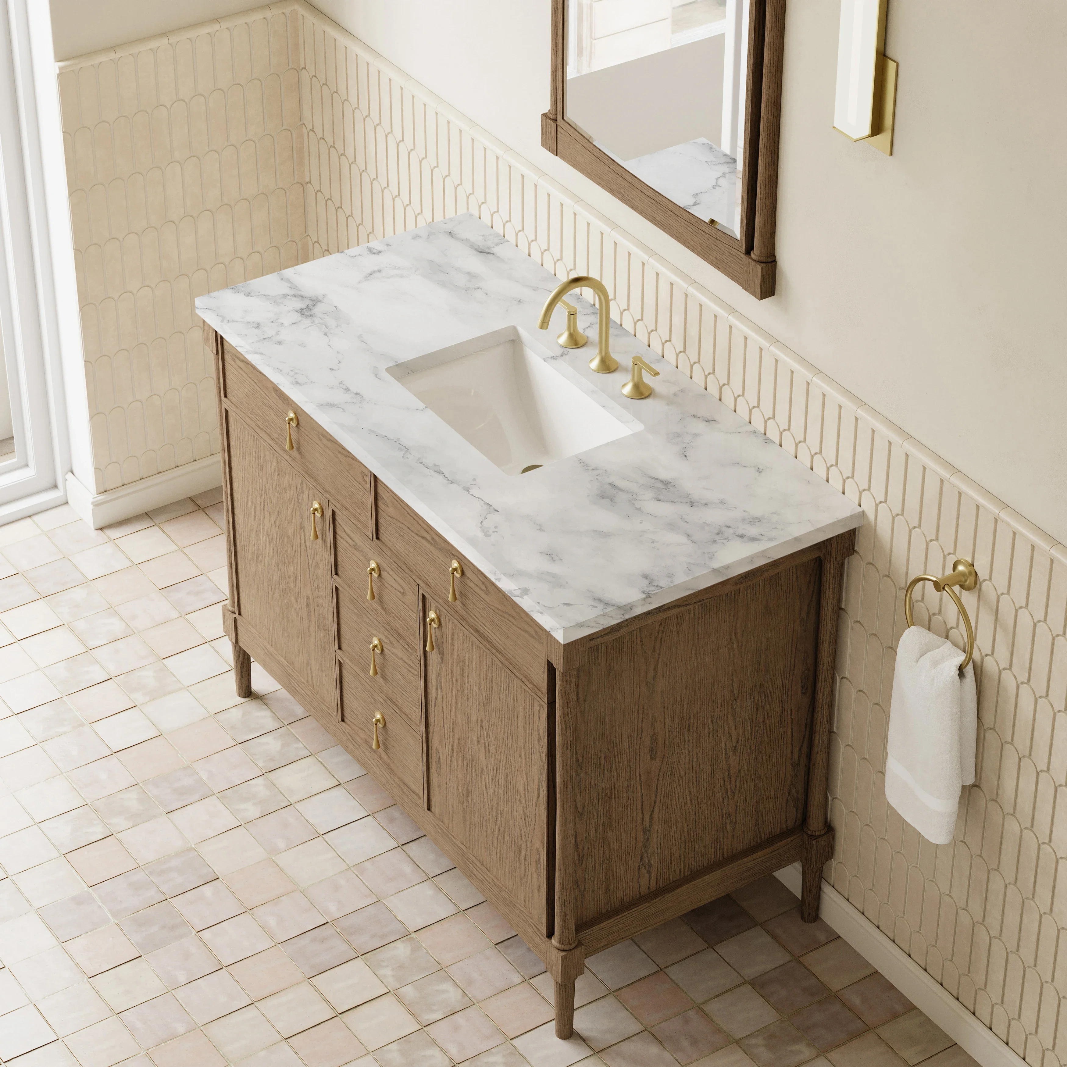 Kinnsden 48" Single Vanity, Weathered Oak w/ 3 CM Carrara Marble Top