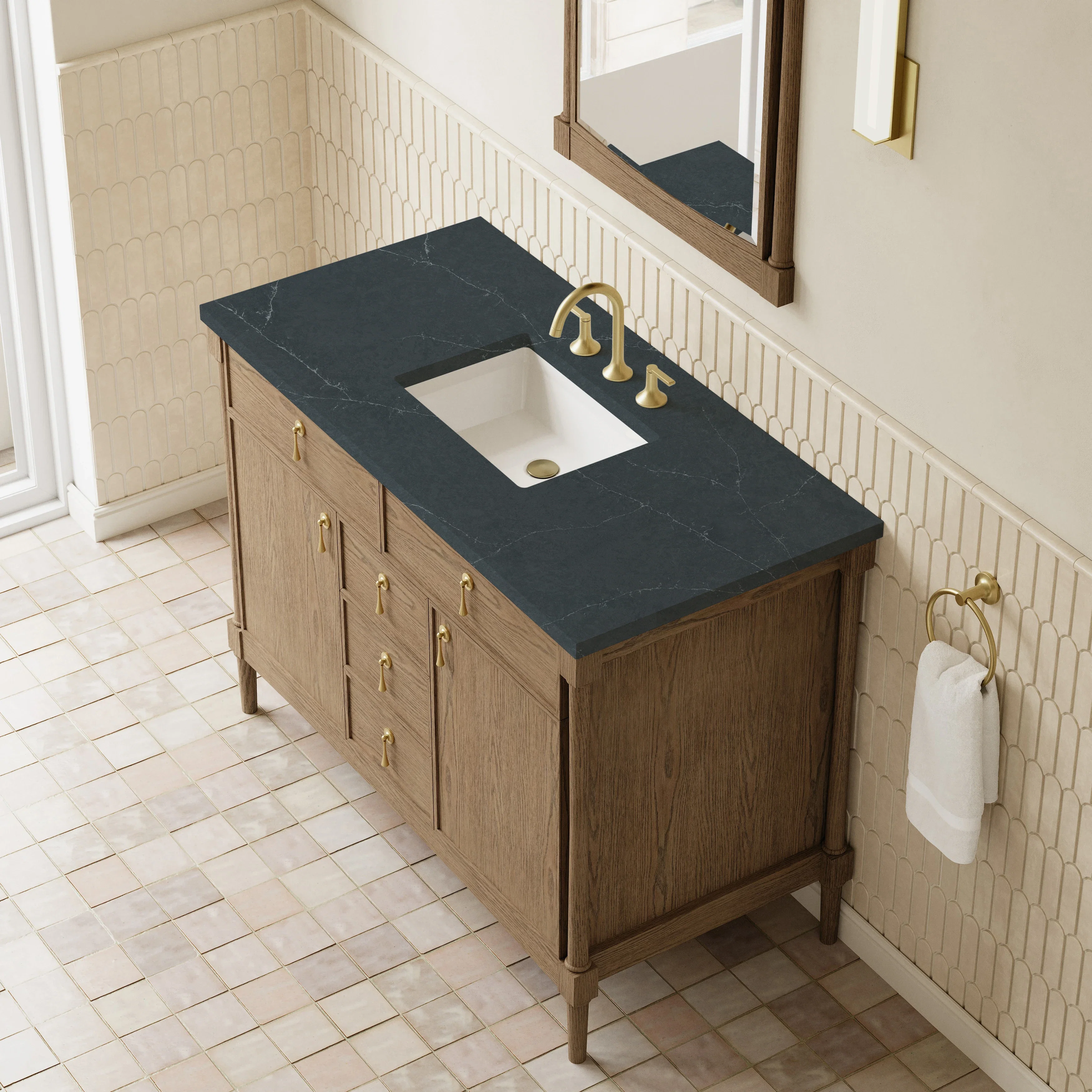 Kinnsden 48" Single Vanity, Weathered Oak w/ 3 CM Charcoal Soapstone Silestone Top