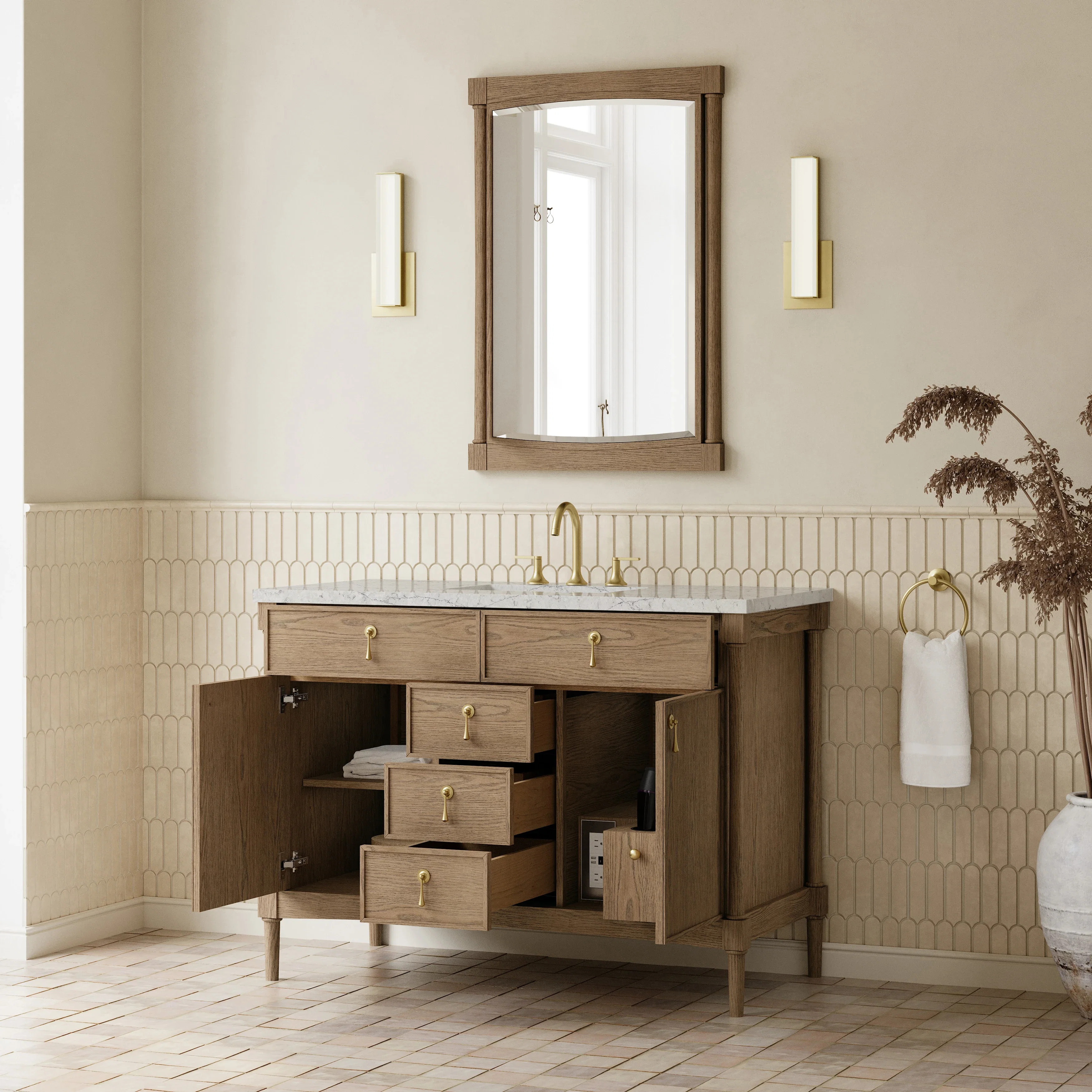Kinnsden 48" Single Vanity, Weathered Oak w/ 3 CM Eternal Jasmine Pearl Silestone Top