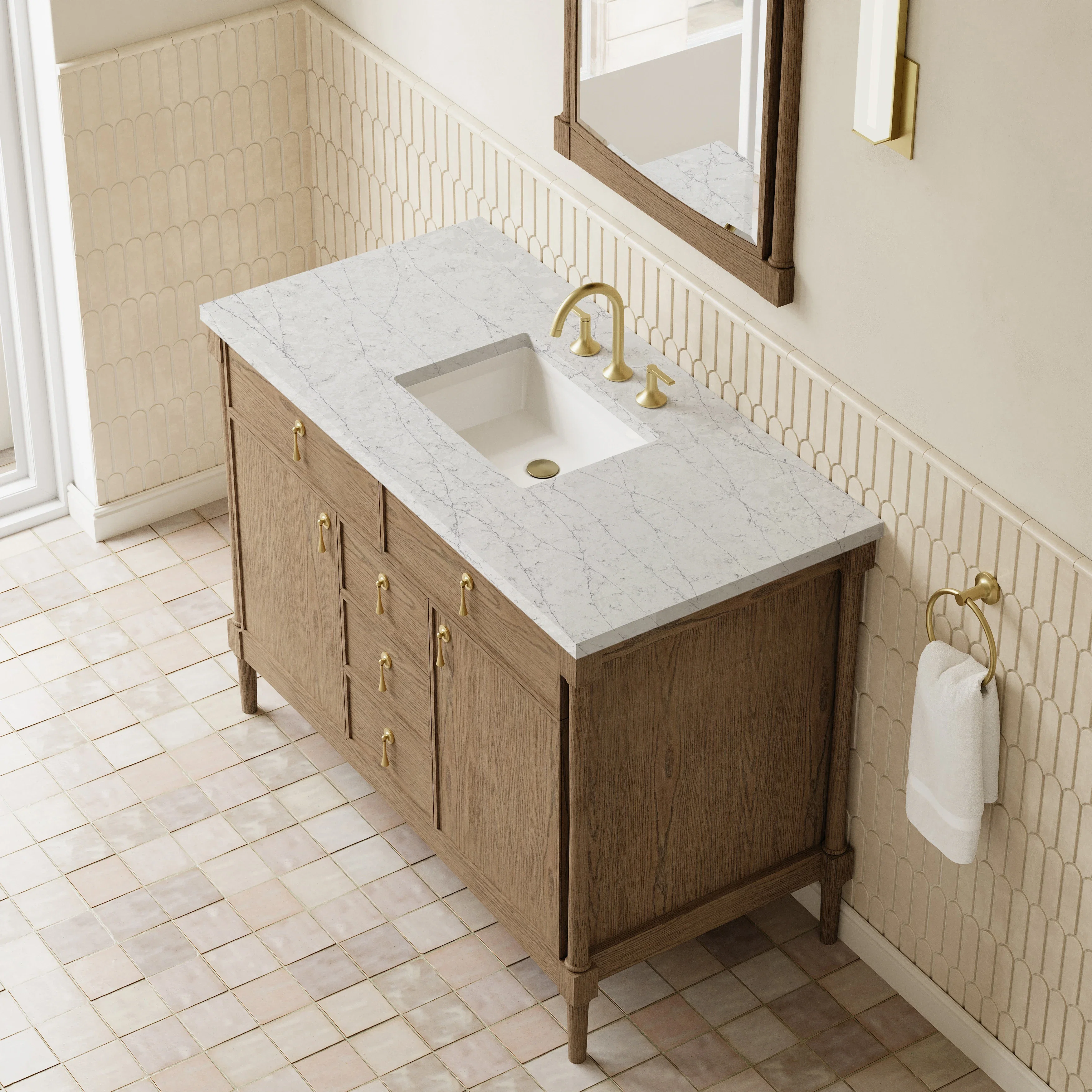 Kinnsden 48" Single Vanity, Weathered Oak w/ 3 CM Eternal Jasmine Pearl Silestone Top