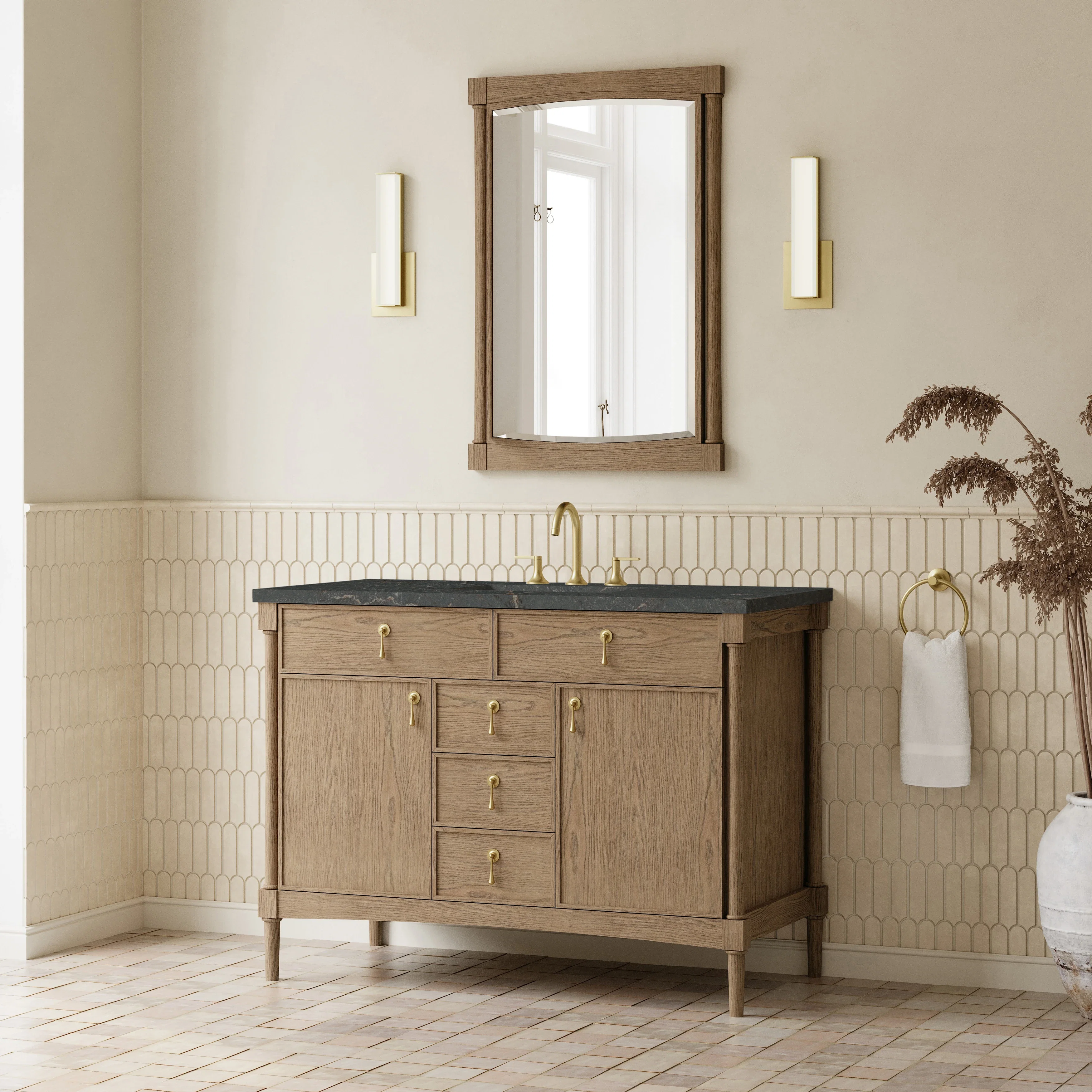Kinnsden 48" Single Vanity, Weathered Oak w/ 3 CM Parisien Bleu Silestone Top
