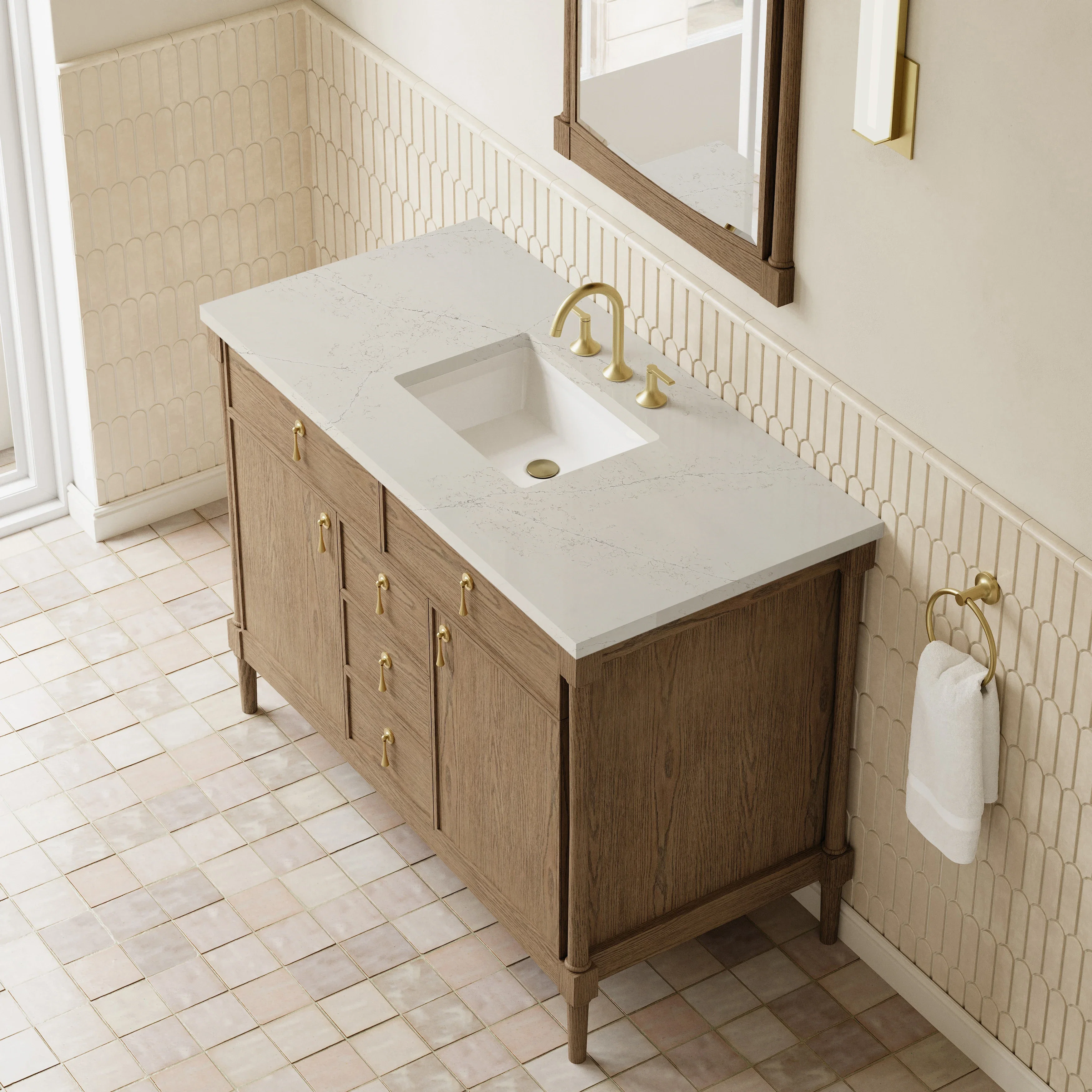 Kinnsden 48" Single Vanity, Weathered Oak w/ 3 CM Siberian Silestone Top