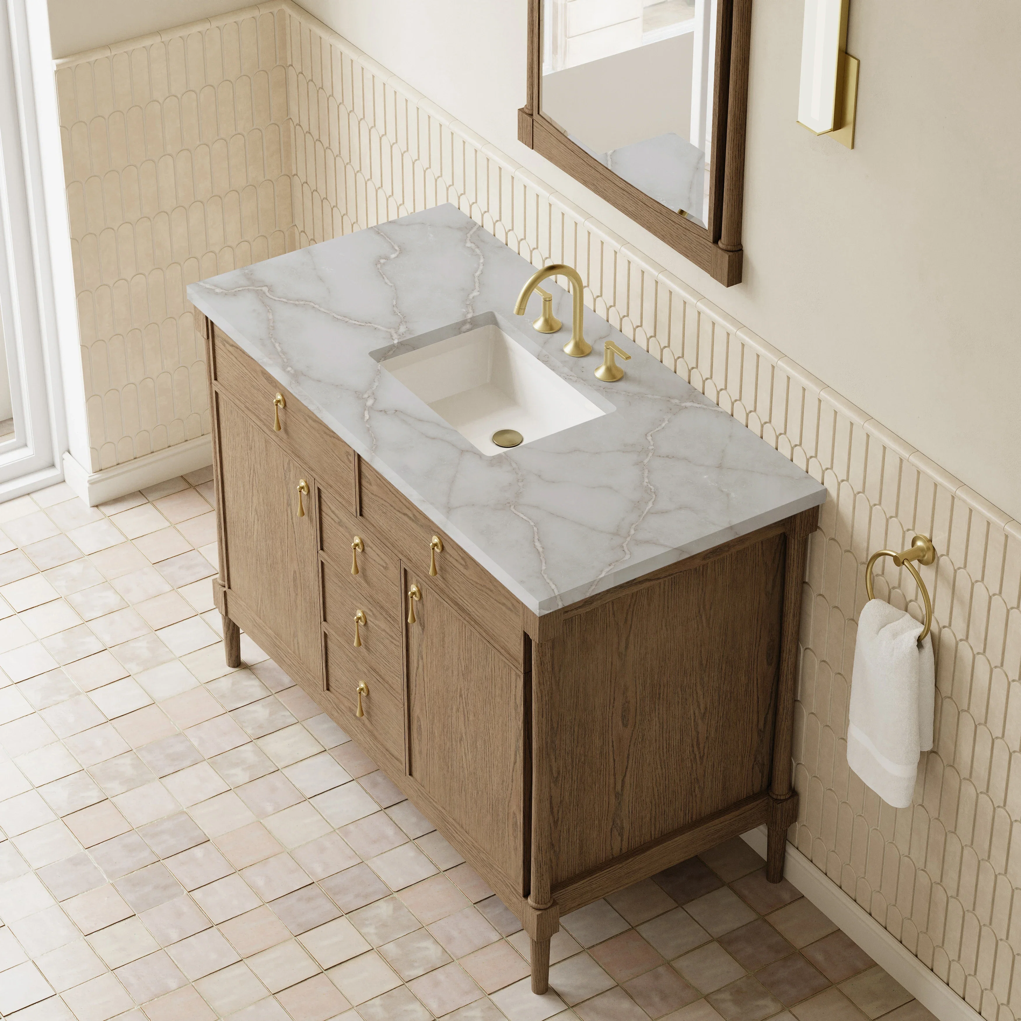 Kinnsden 48" Single Vanity, Weathered Oak w/ 3 CM Victorian Silver Silestone Top