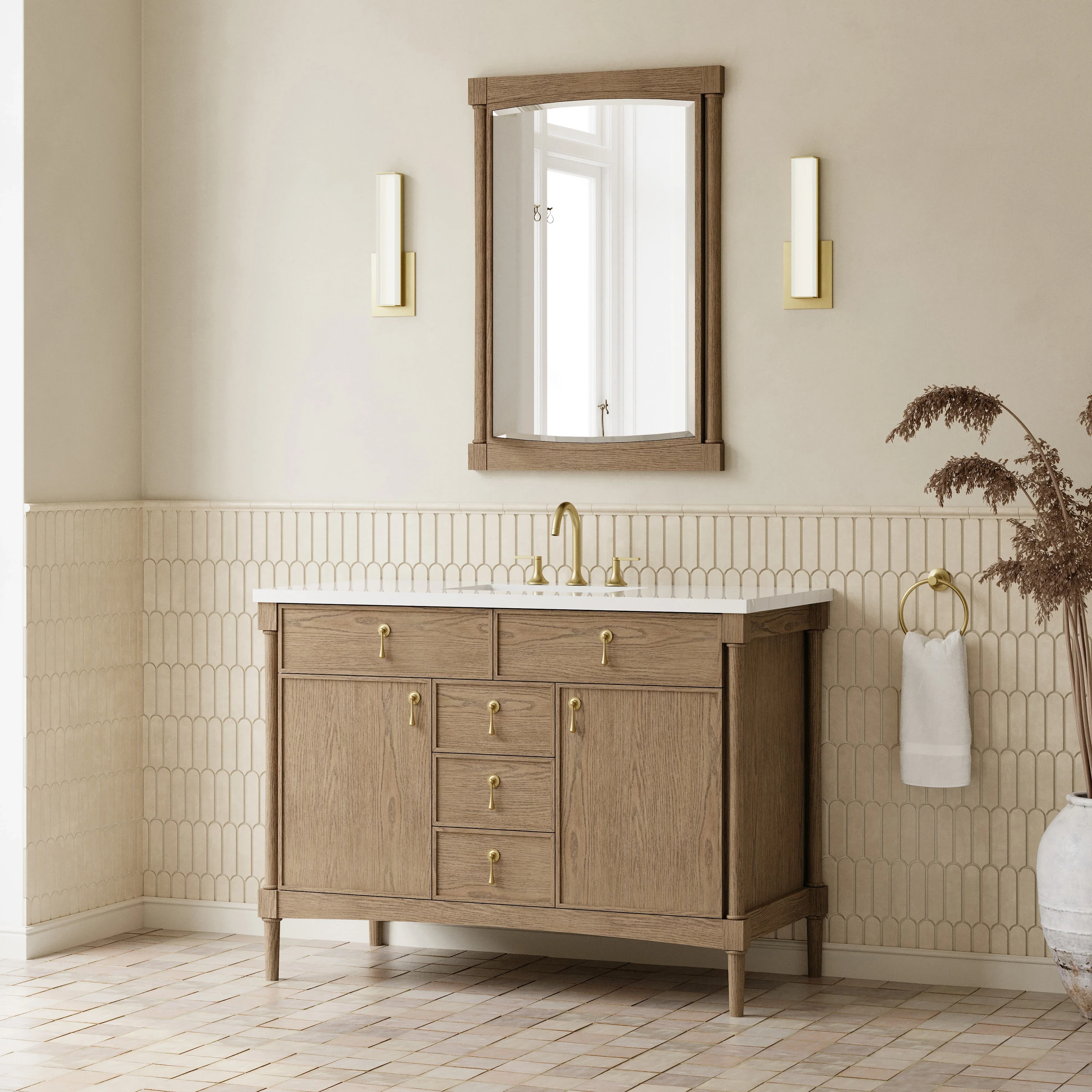 Kinnsden 48" Single Vanity, Weathered Oak w/ 3 CM White Zeus Silestone Top