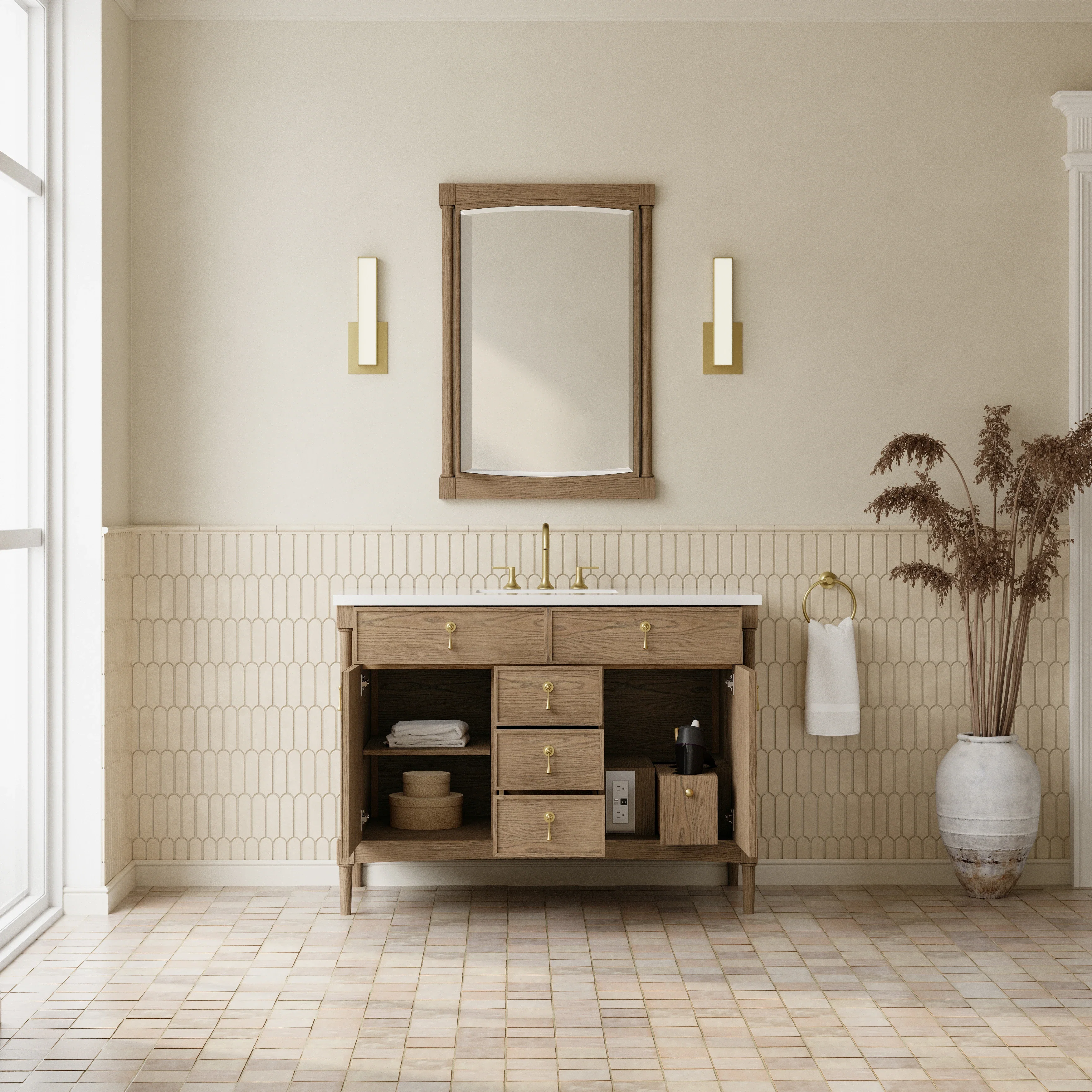 Kinnsden 48" Single Vanity, Weathered Oak w/ 3 CM White Zeus Silestone Top