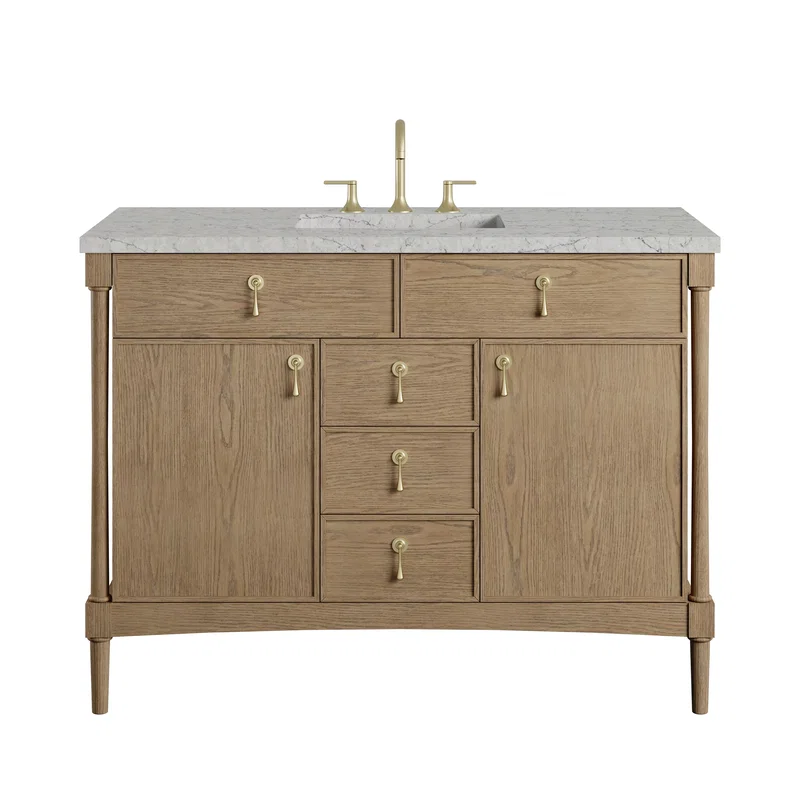 Kinnsden 48" Single Vanity, Weathered Oak w/ 3 CM Eternal Jasmine Pearl Silestone Top w/FreePower Wireless Charger