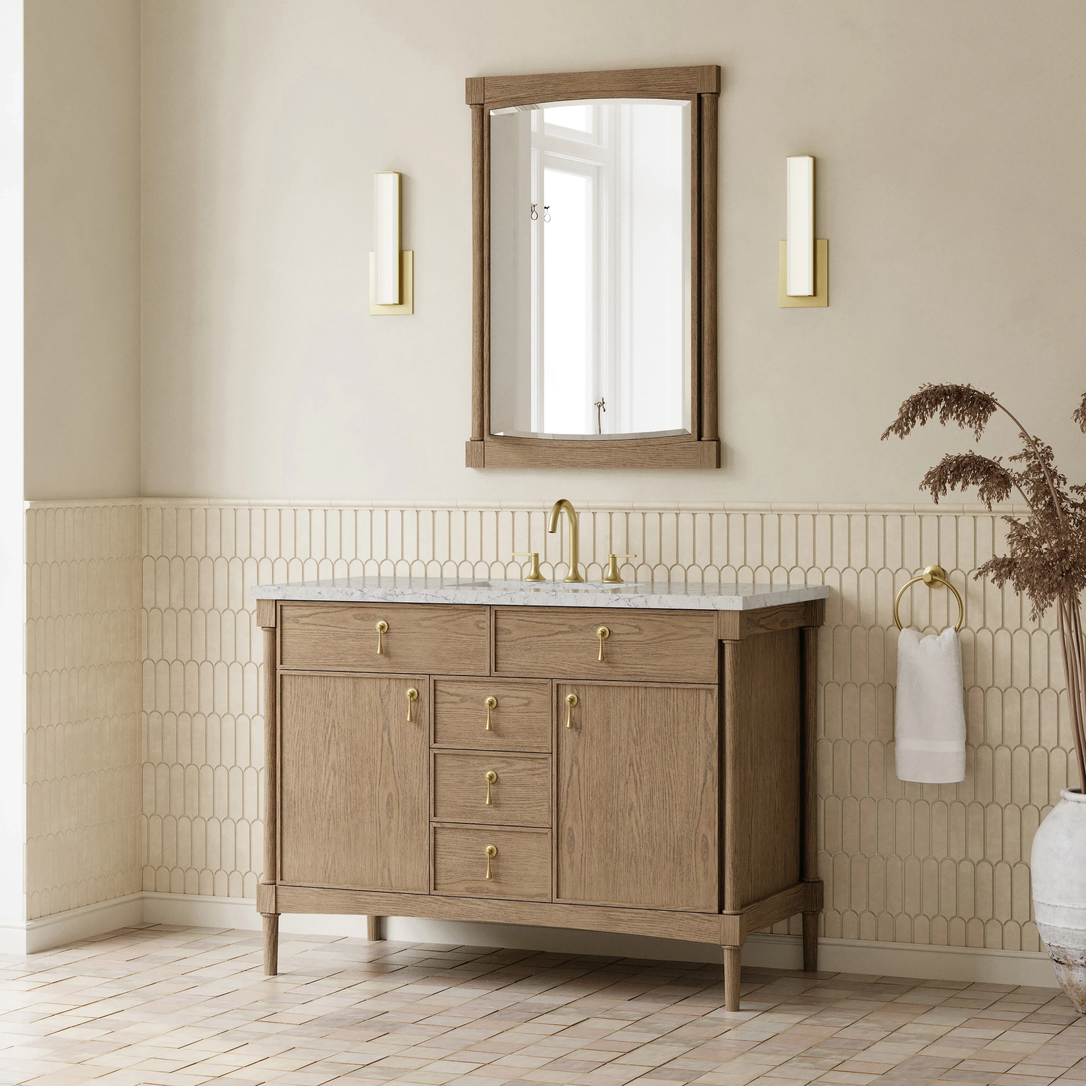 Kinnsden 48" Single Vanity, Weathered Oak w/ 3 CM Eternal Jasmine Pearl Silestone Top w/FreePower Wireless Charger