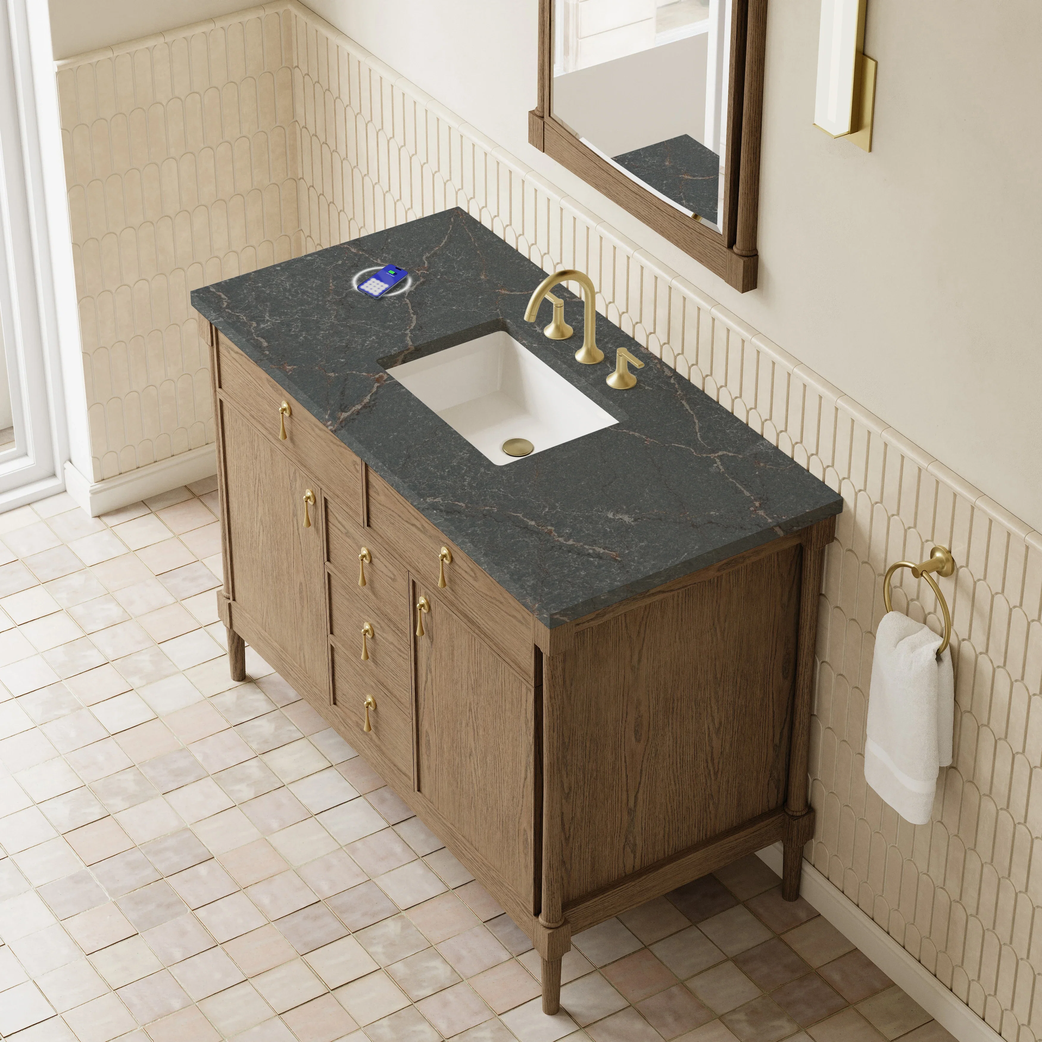 Kinnsden 48" Single Vanity, Weathered Oak w/ 3 CM Parisien Bleu Silestone Top w/FreePower Wireless Charger