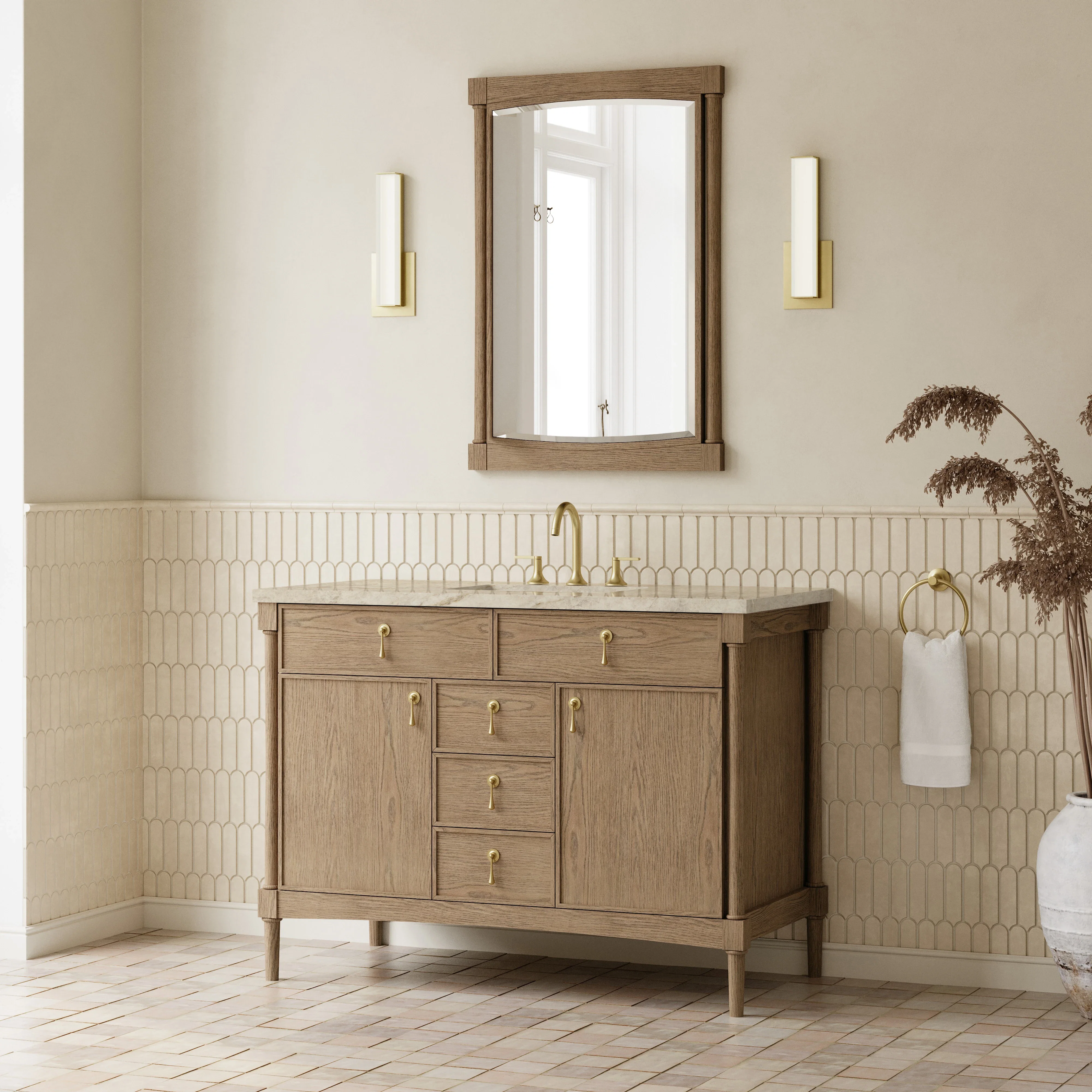 Kinnsden 48" Single Vanity, Weathered Oak w/ 3 CM Tajnar Eclos Top w/FreePower Wireless Charger