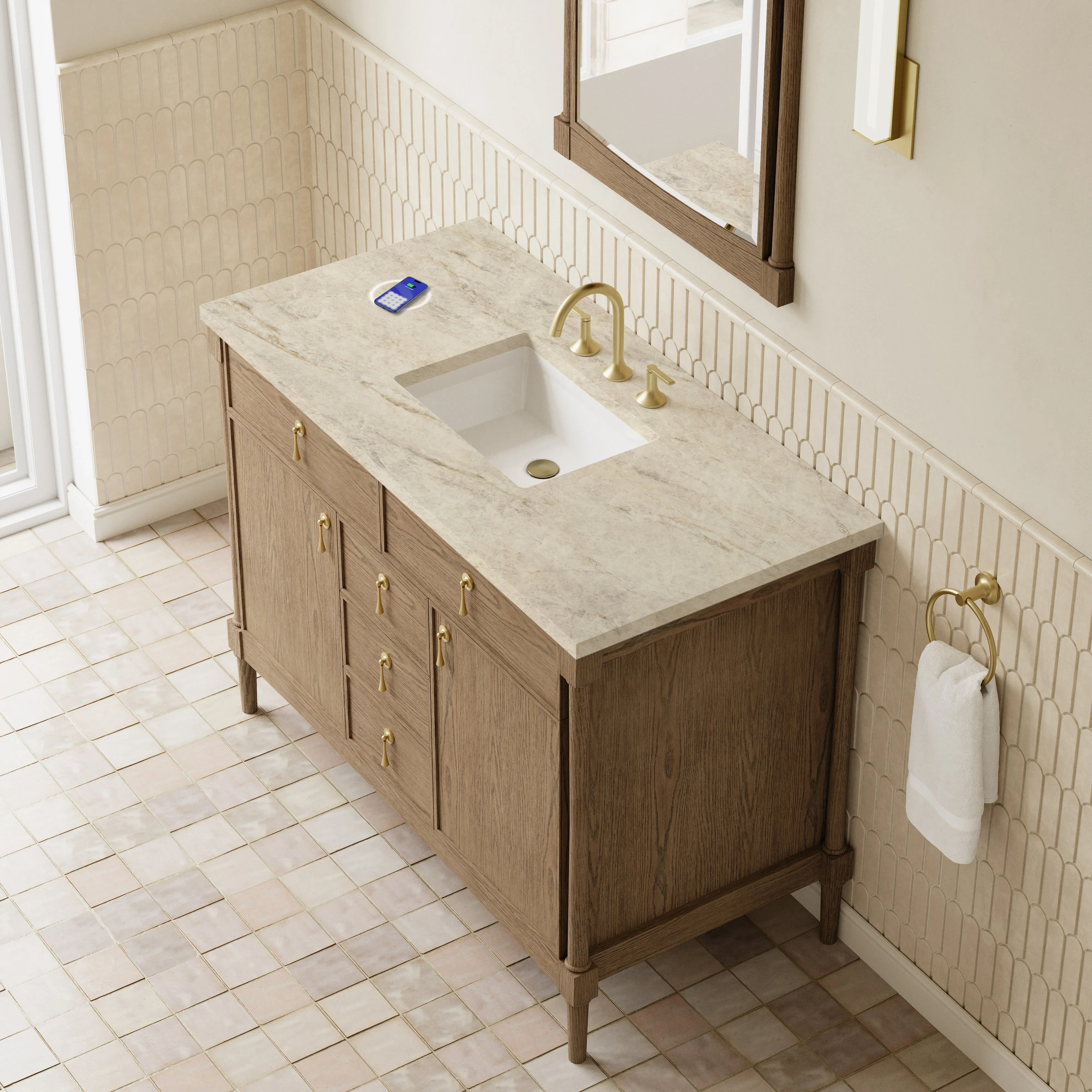 Kinnsden 48" Single Vanity, Weathered Oak w/ 3 CM Tajnar Eclos Top w/FreePower Wireless Charger