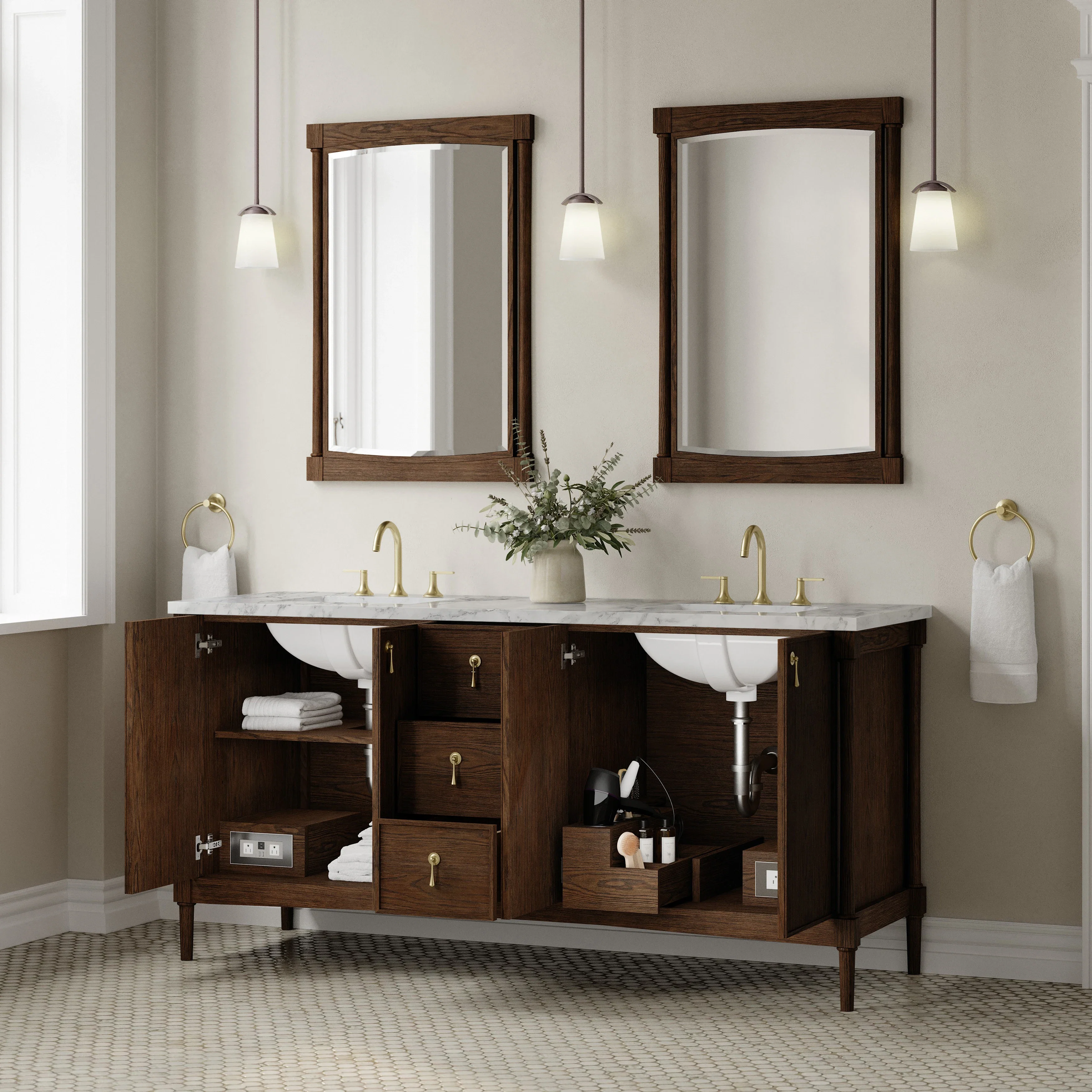 Kinnsden 72" Double Vanity, Sable Oak w/ 3 CM Carrara Marble Top