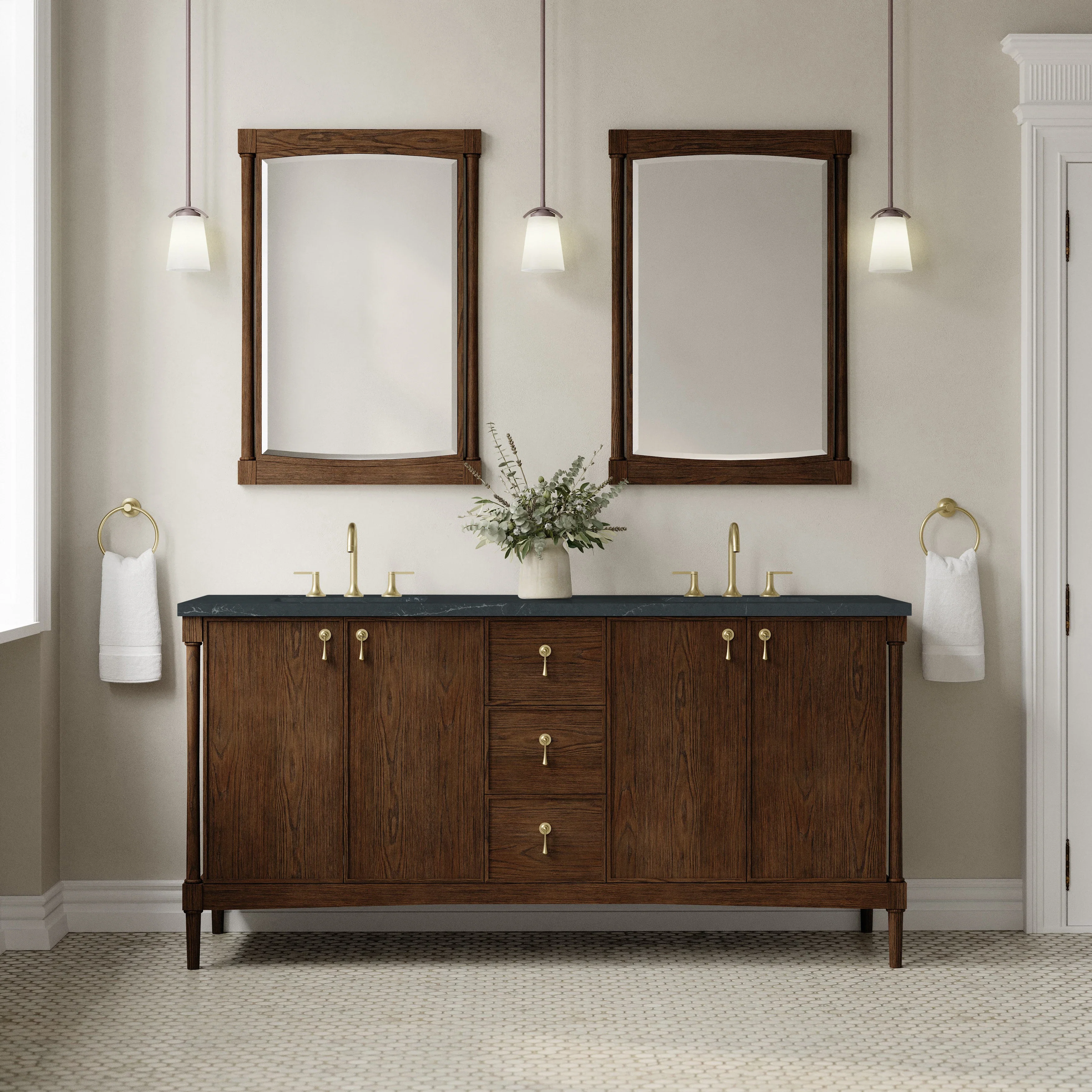 Kinnsden 72" Double Vanity, Sable Oak w/ 3 CM Charcoal Soapstone Silestone Top