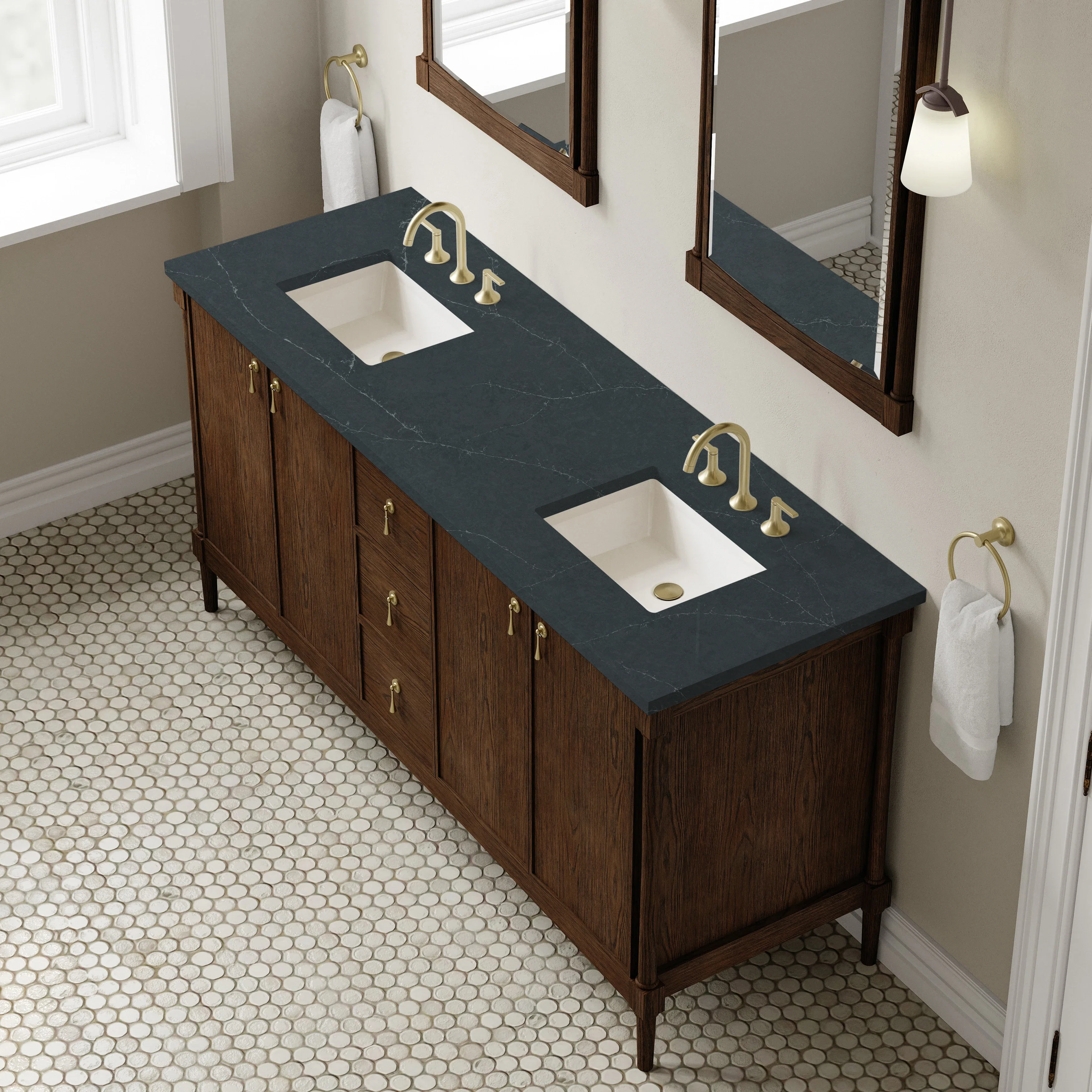 Kinnsden 72" Double Vanity, Sable Oak w/ 3 CM Charcoal Soapstone Silestone Top