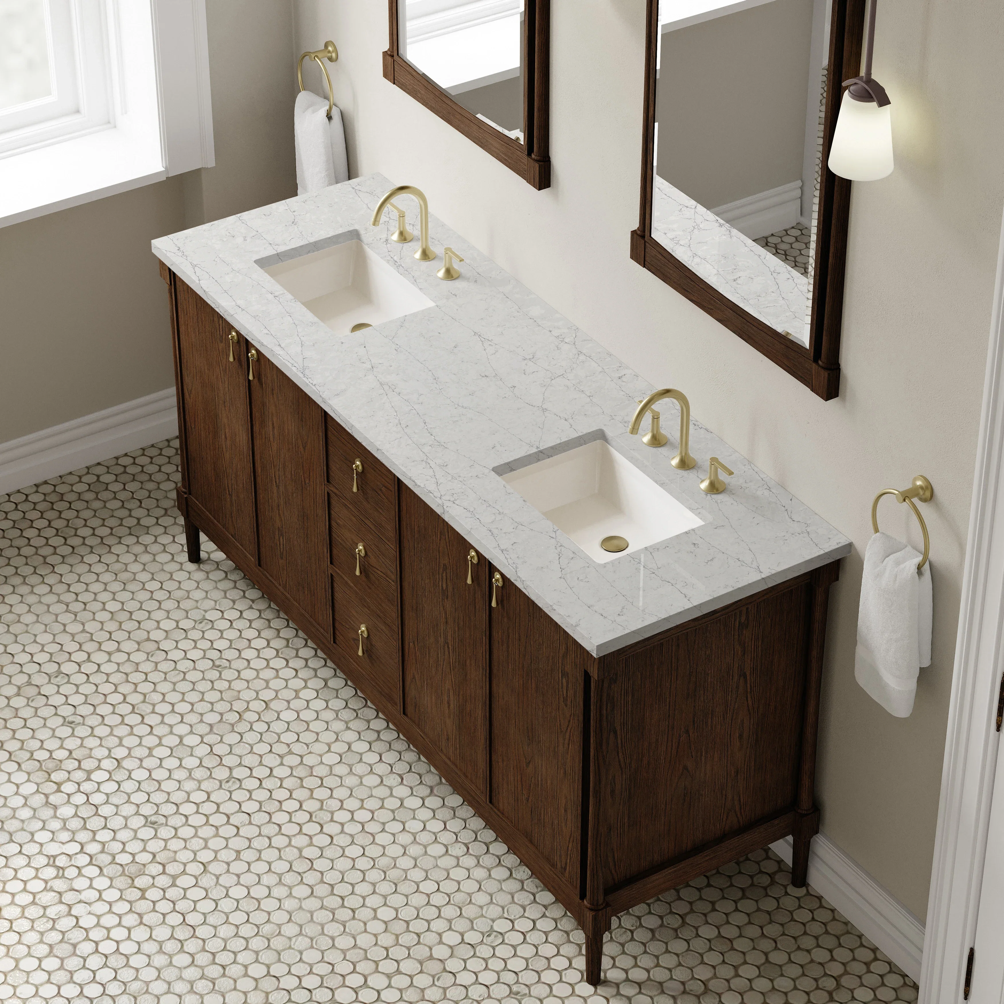 Kinnsden 72" Double Vanity, Sable Oak w/ 3 CM Eternal Jasmine Pearl Silestone Top