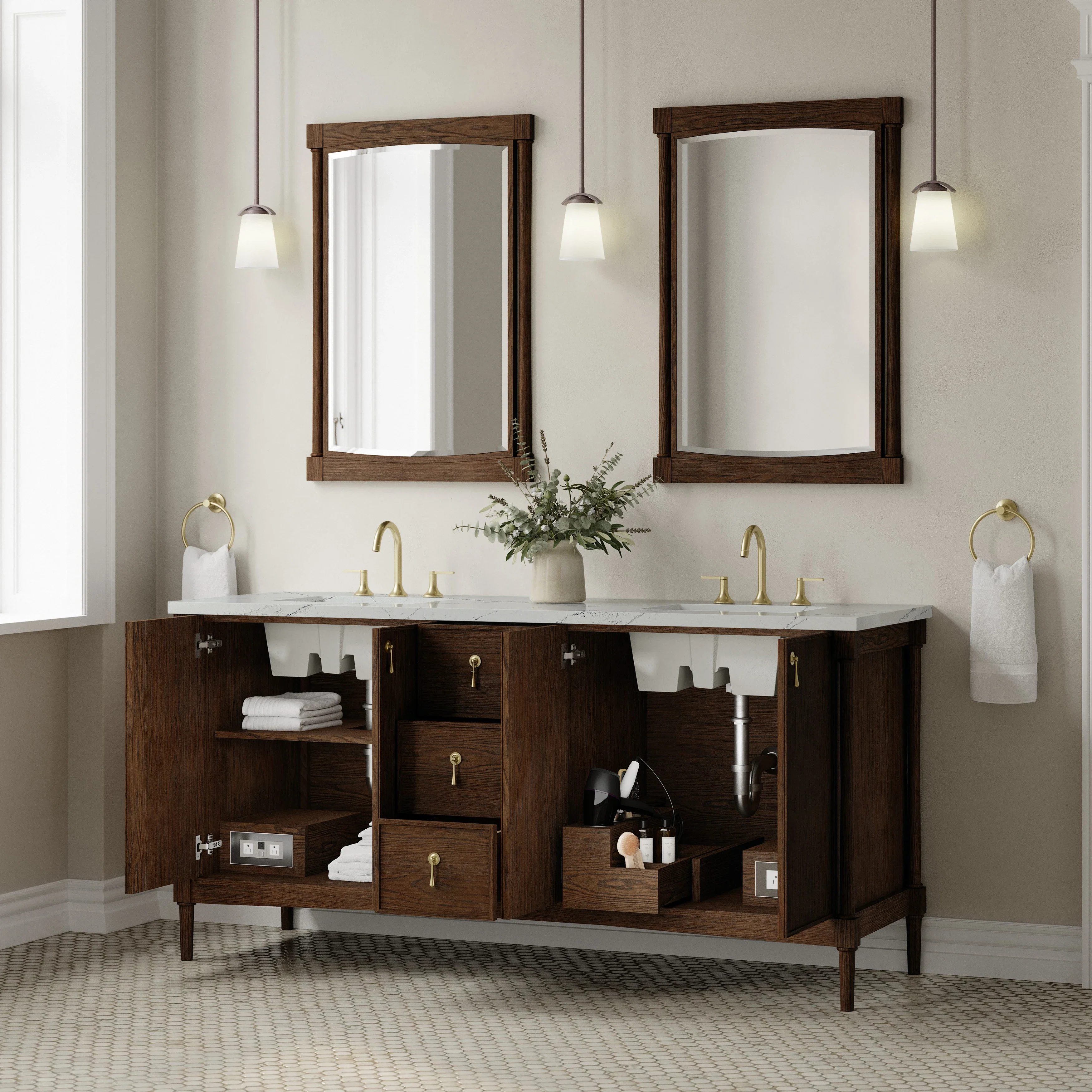 Kinnsden 72" Double Vanity, Sable Oak w/ 3 CM Ethereal Noctis Silestone Top