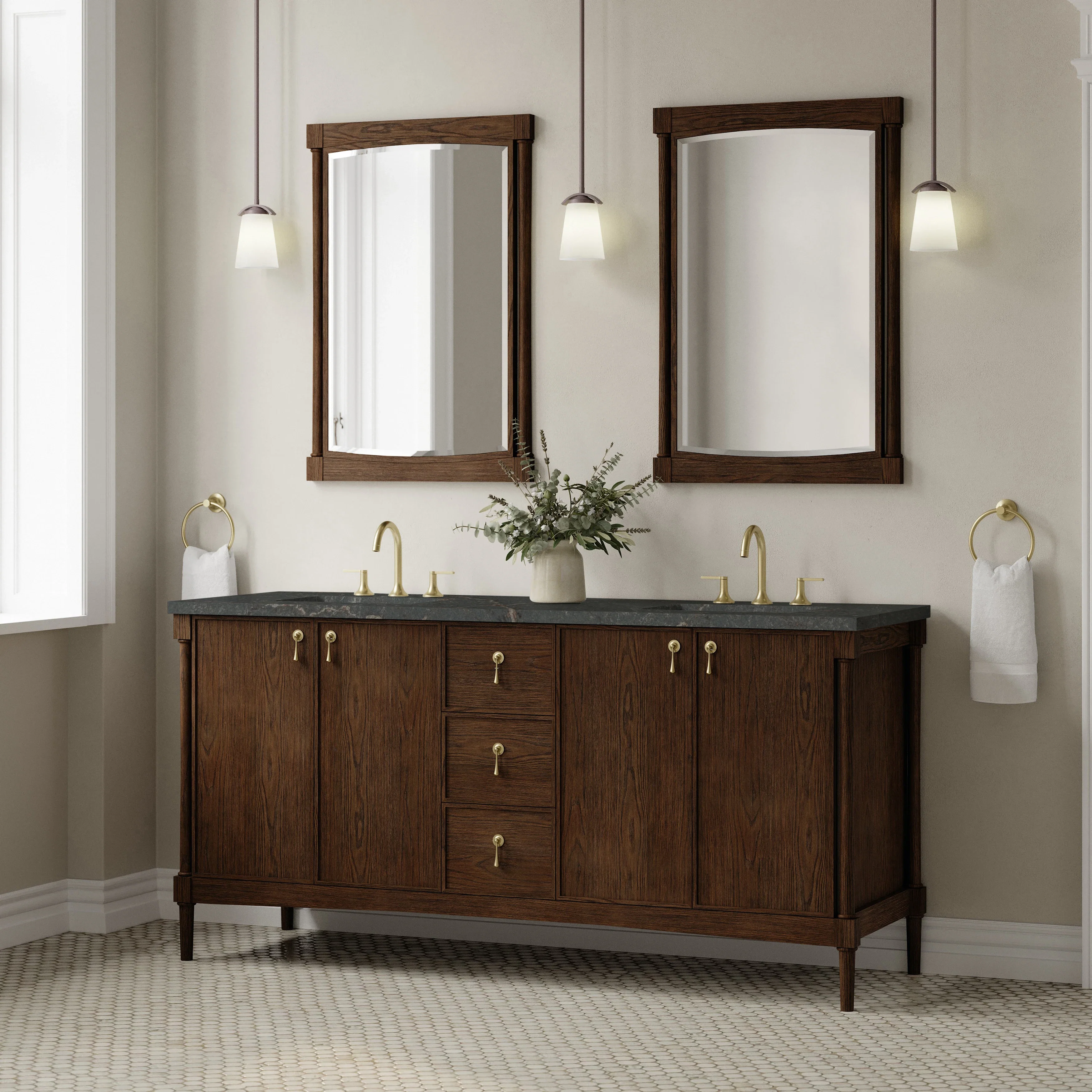 Kinnsden 72" Double Vanity, Sable Oak w/ 3 CM Parisien Bleu Silestone Top