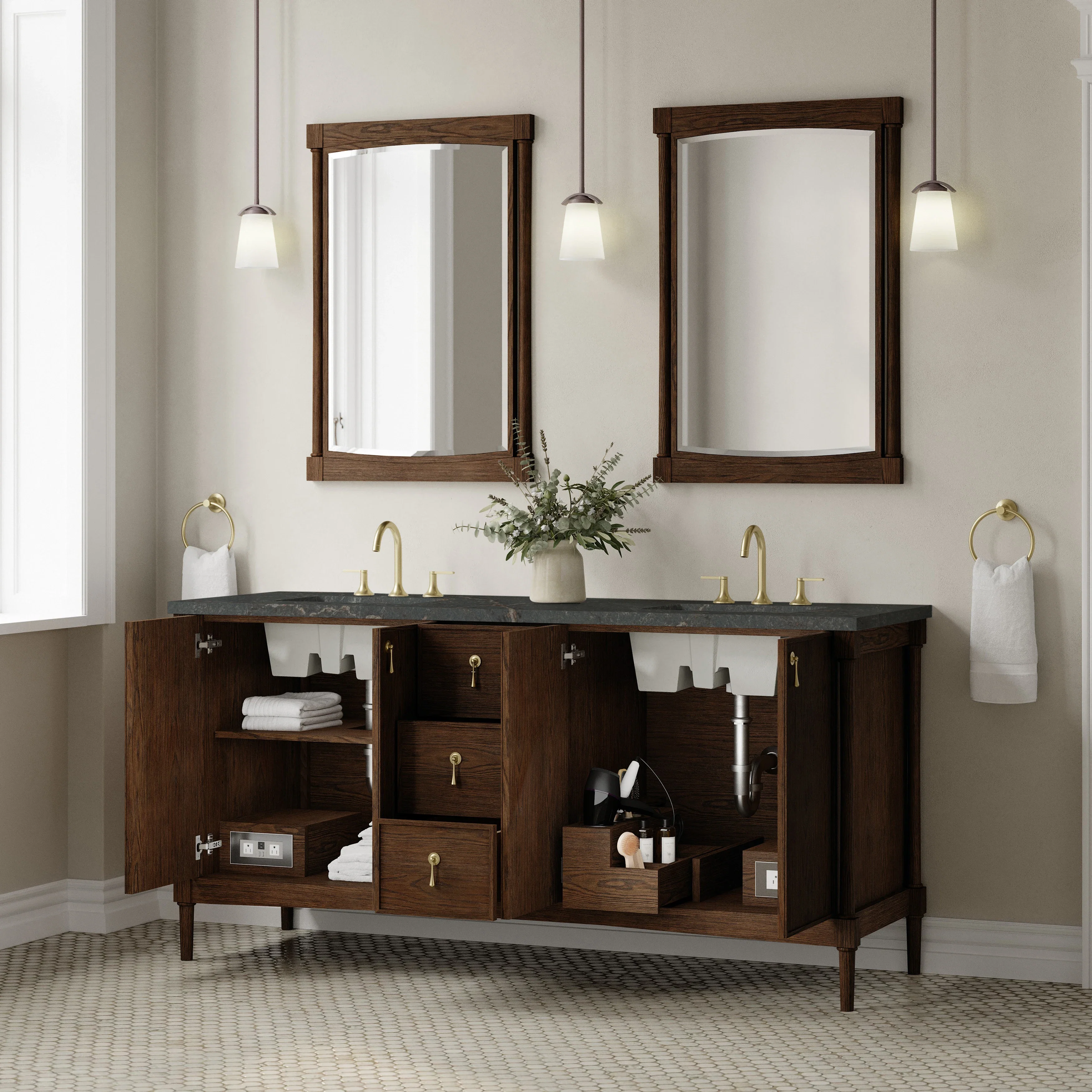 Kinnsden 72" Double Vanity, Sable Oak w/ 3 CM Parisien Bleu Silestone Top