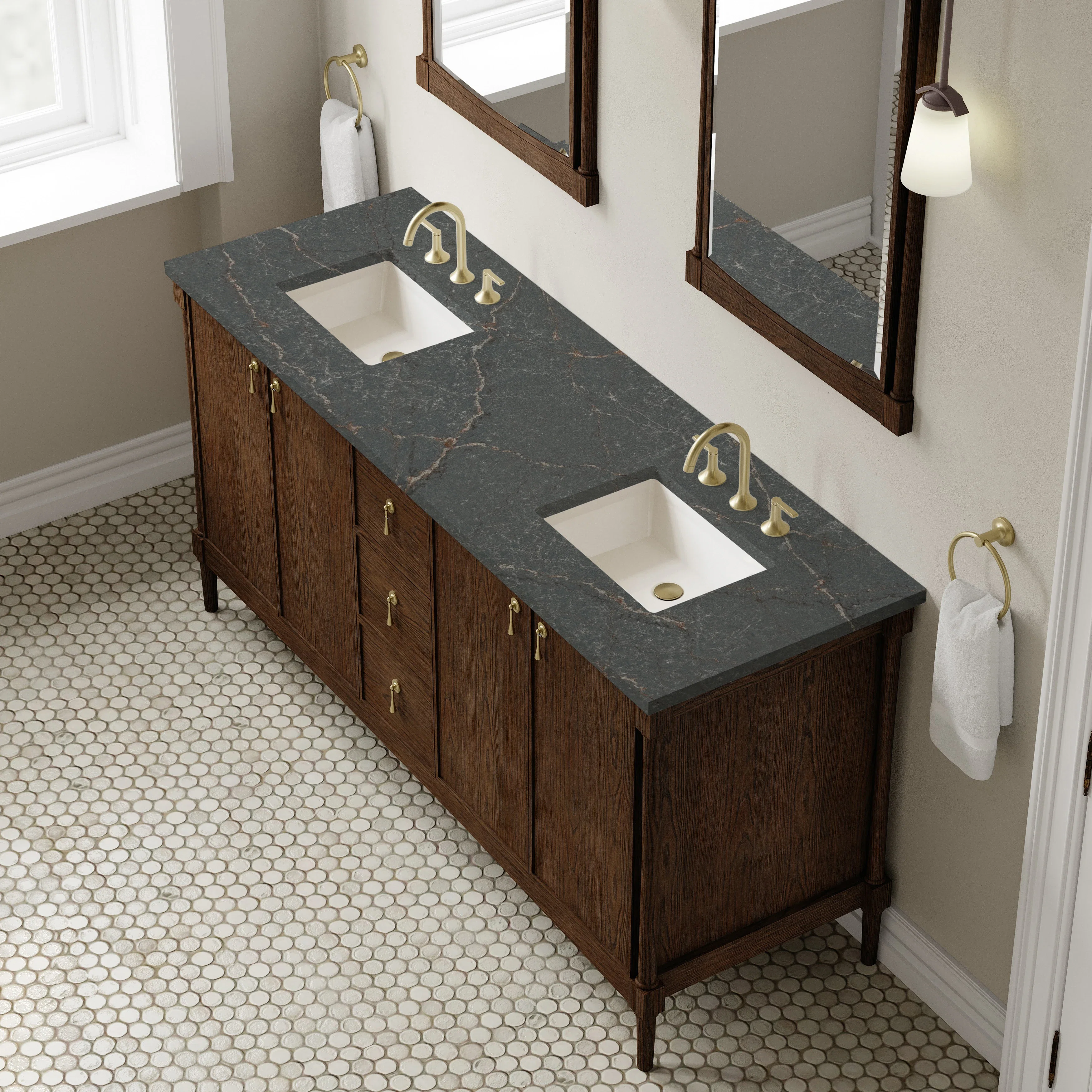 Kinnsden 72" Double Vanity, Sable Oak w/ 3 CM Parisien Bleu Silestone Top