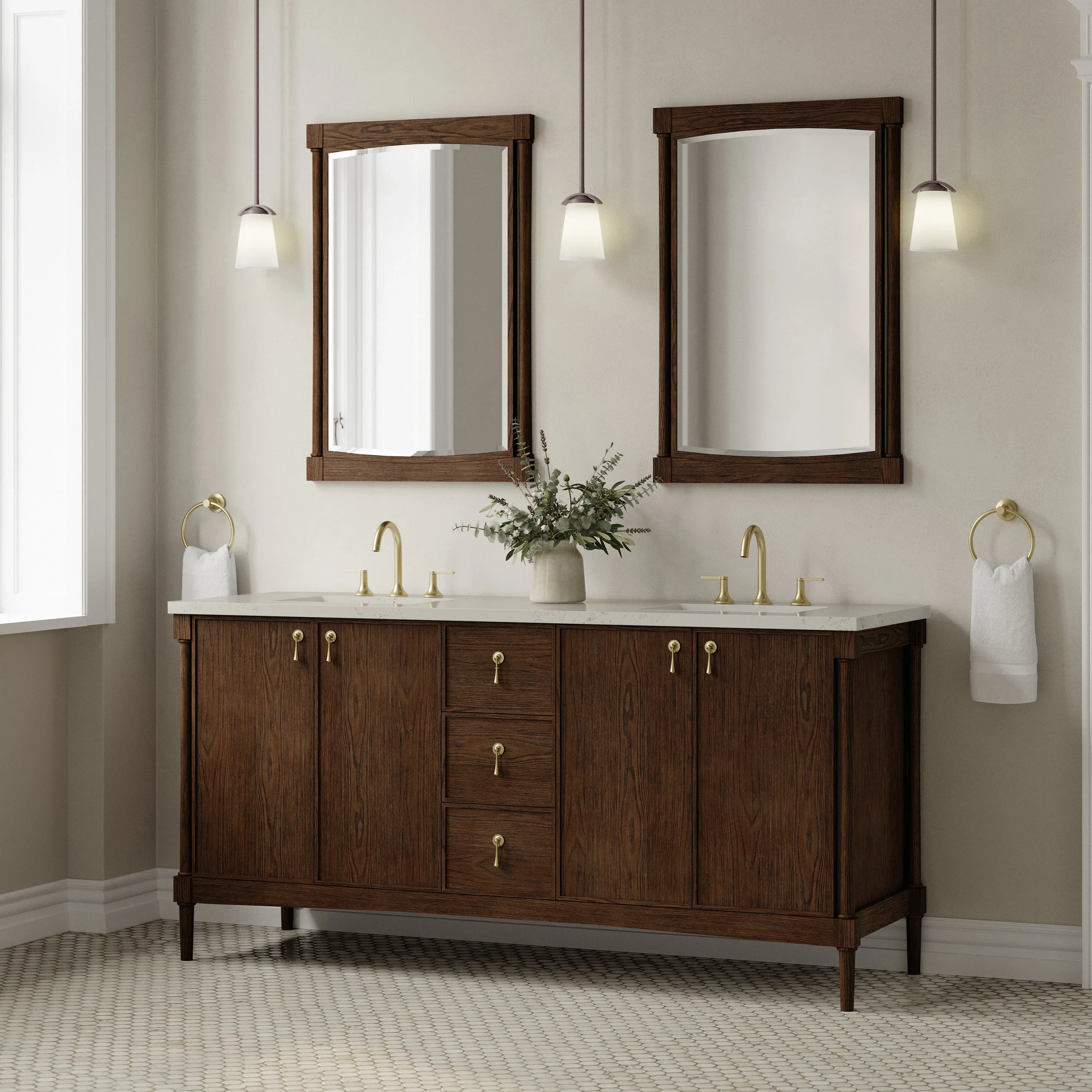 Kinnsden 72" Double Vanity, Sable Oak w/ 3 CM Siberian Silestone Top