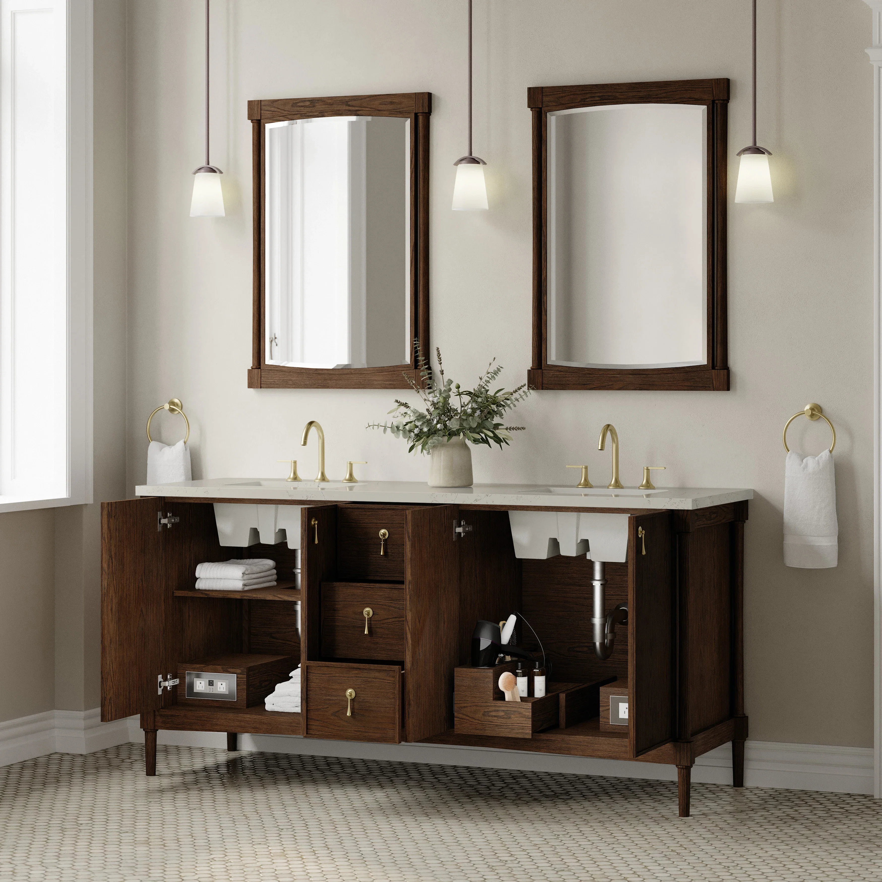 Kinnsden 72" Double Vanity, Sable Oak w/ 3 CM Siberian Silestone Top