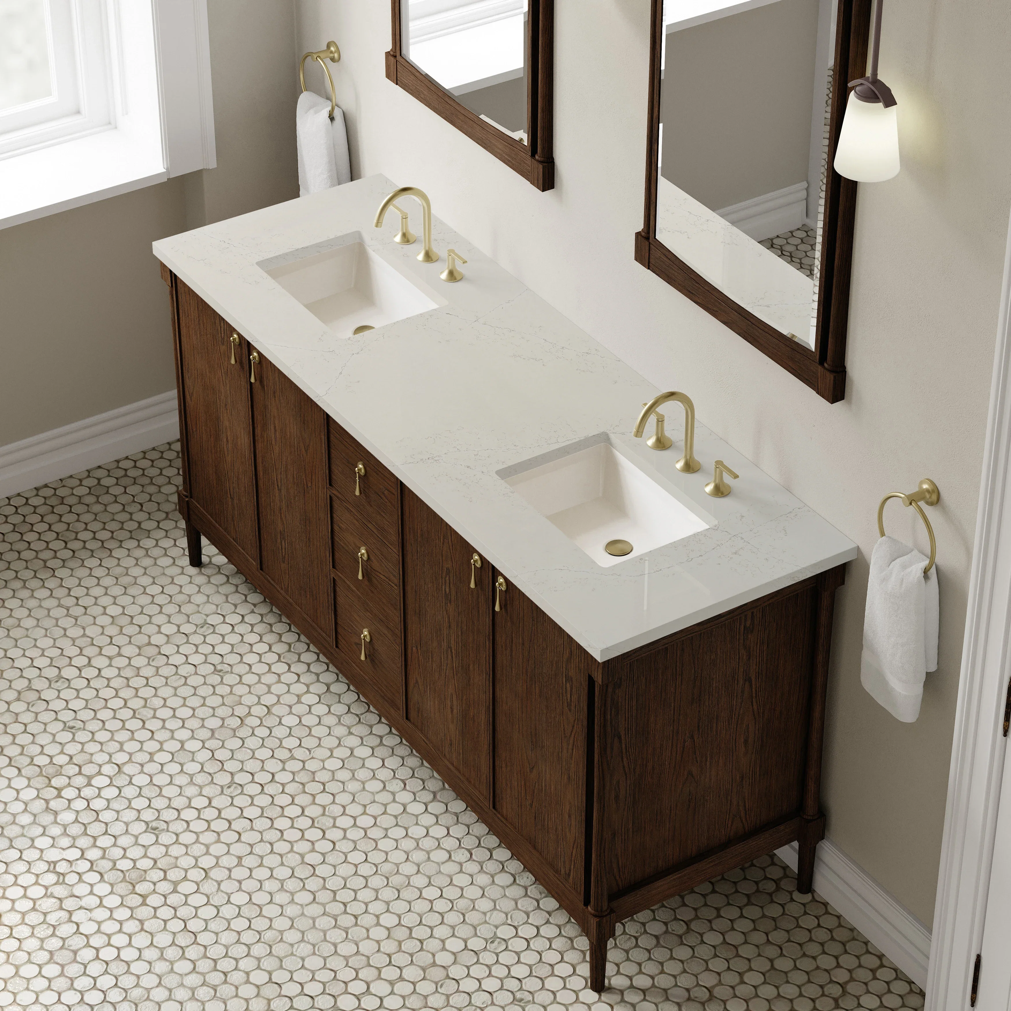 Kinnsden 72" Double Vanity, Sable Oak w/ 3 CM Siberian Silestone Top