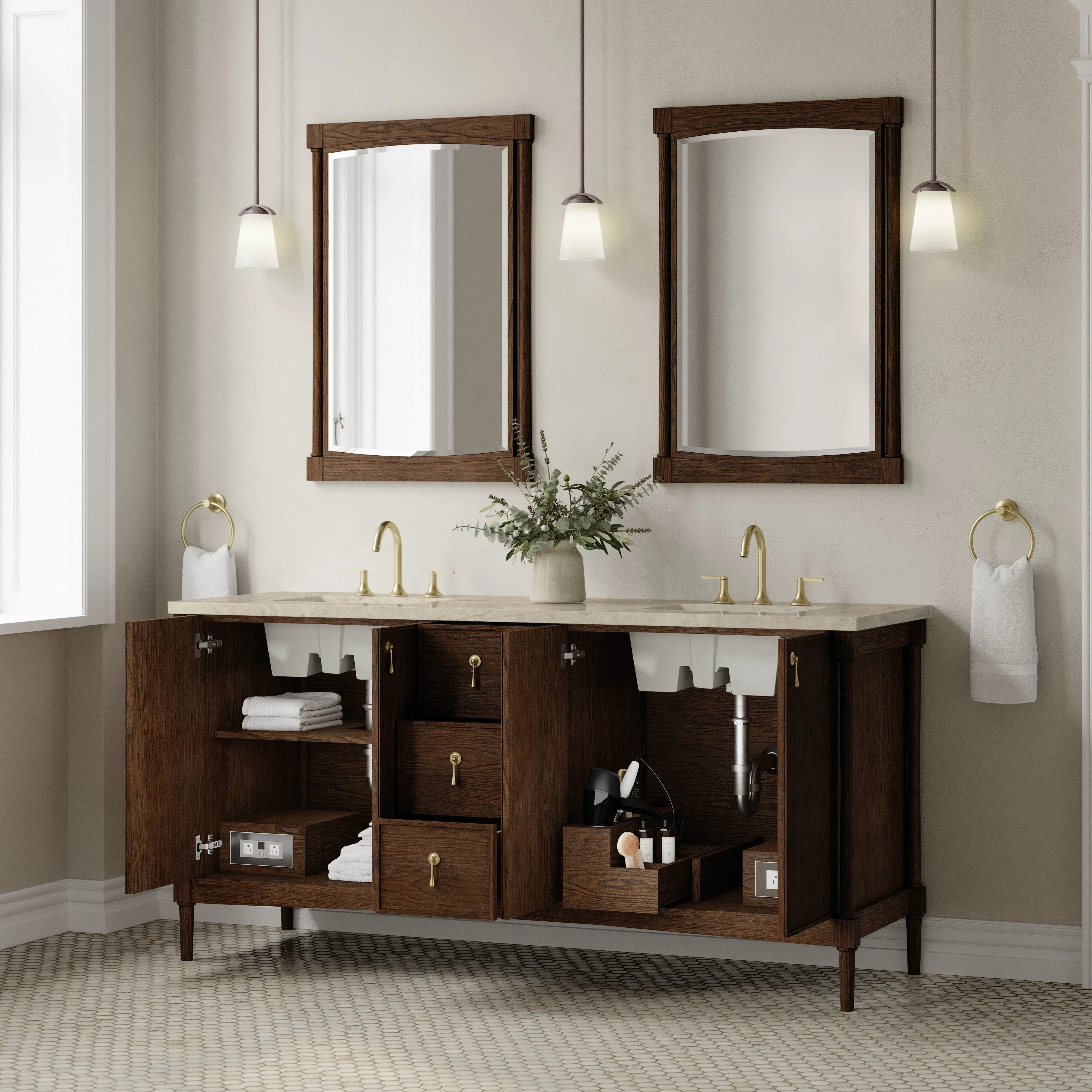 Kinnsden 72" Double Vanity, Sable Oak w/ 3 CM Tajnar Eclos Top