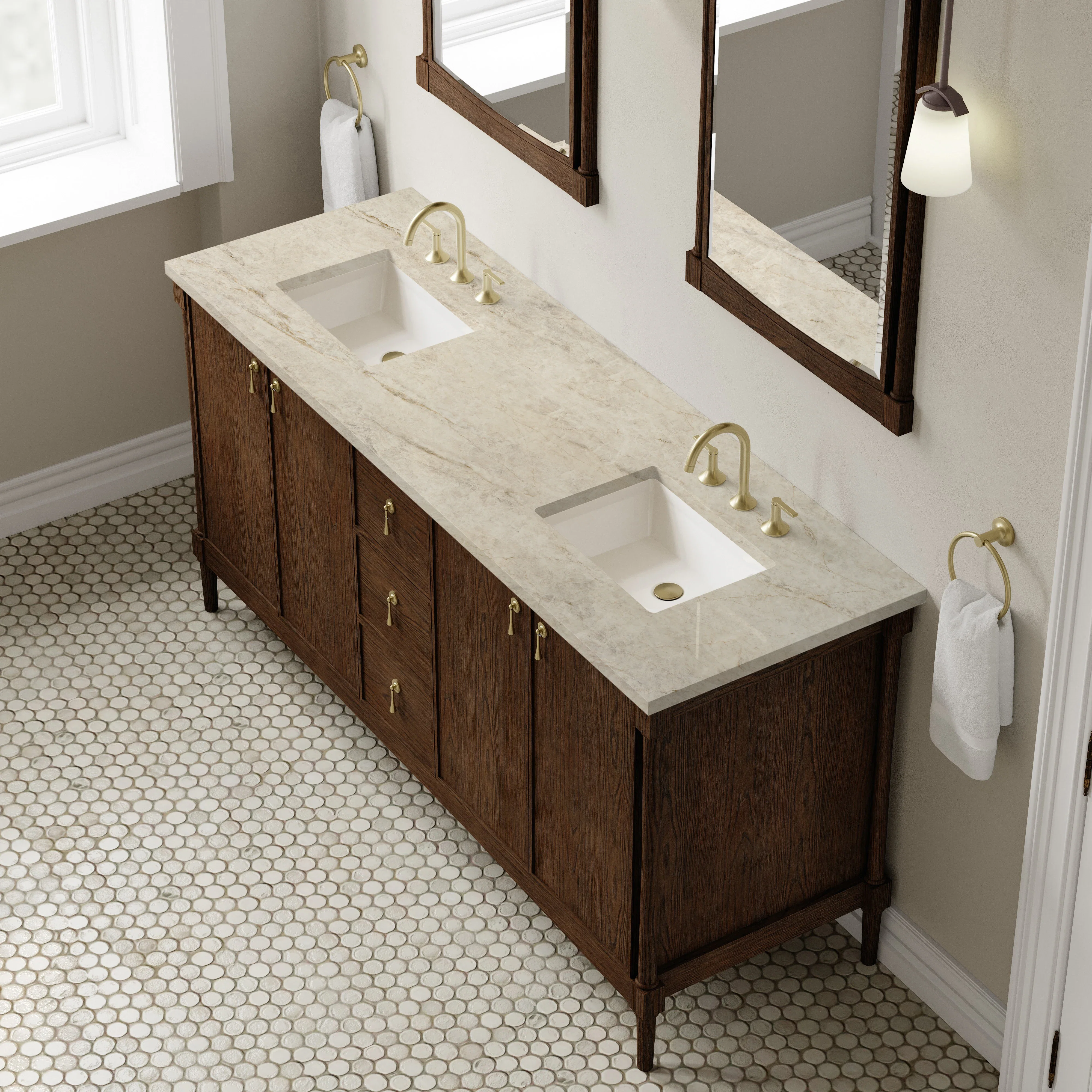 Kinnsden 72" Double Vanity, Sable Oak w/ 3 CM Tajnar Eclos Top