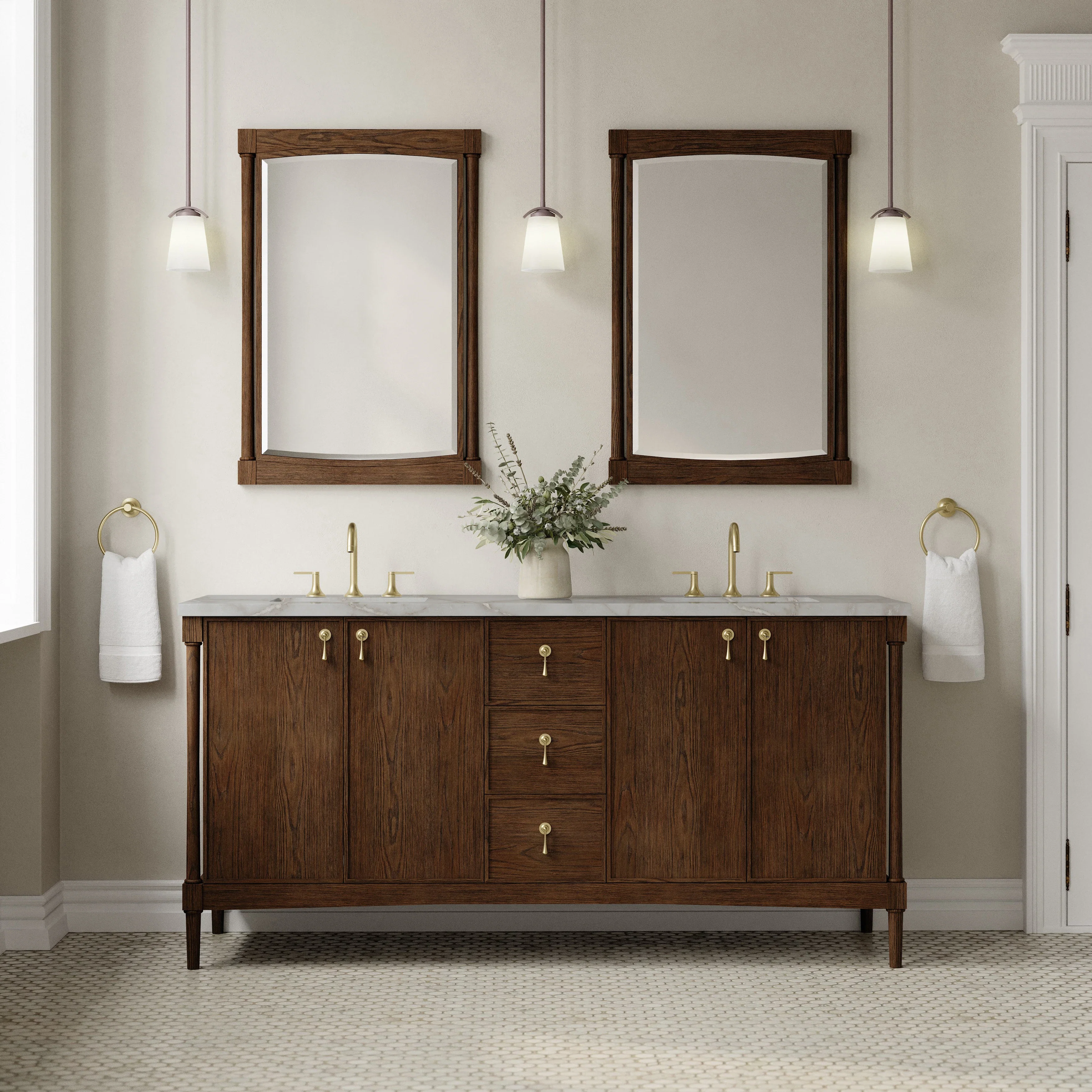Kinnsden 72" Double Vanity, Sable Oak w/ 3 CM Victorian Silver Silestone Top