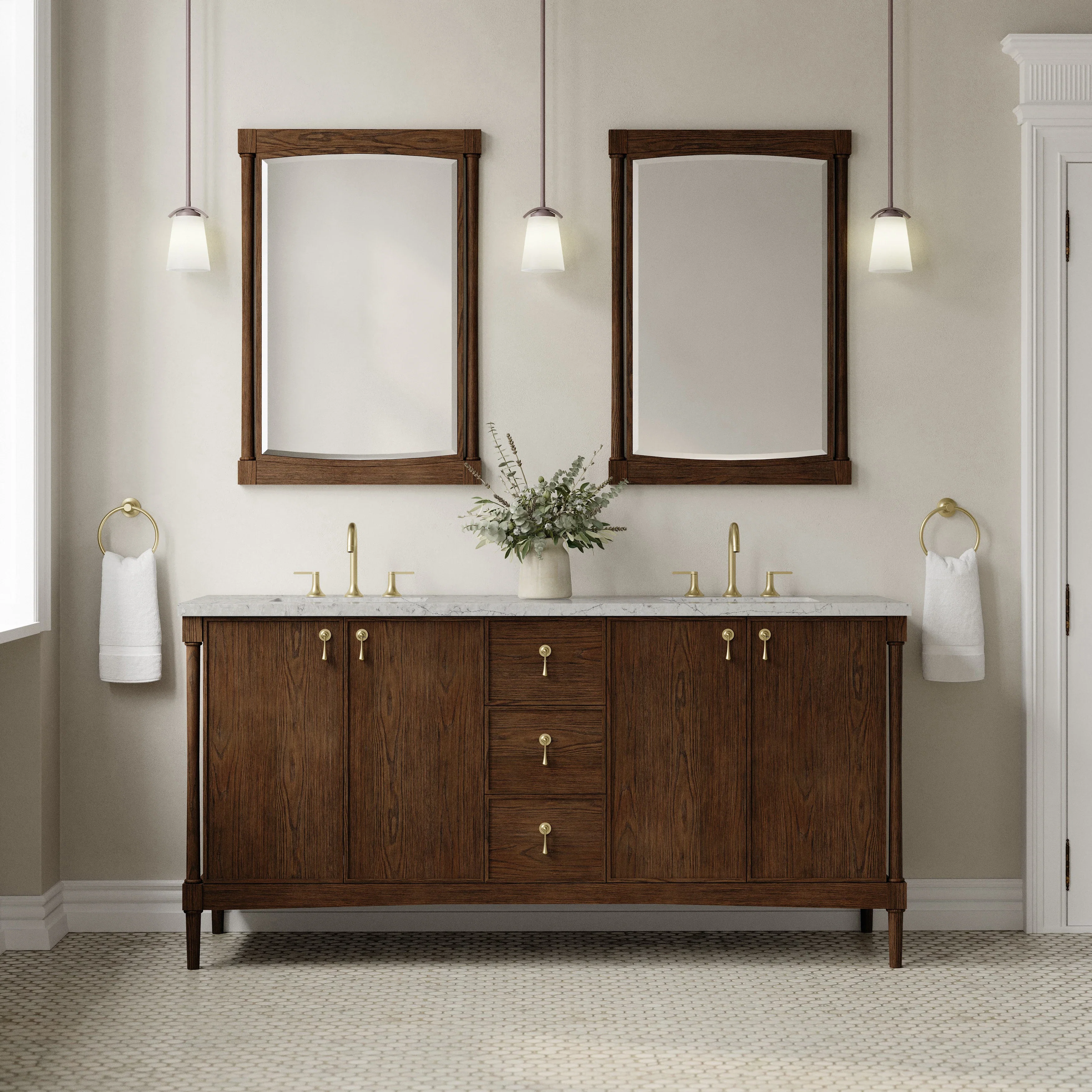 Kinnsden 72" Double Vanity, Sable Oak w/ 3 CM Eternal Jasmine Pearl Silestone Top w/FreePower Wireless Charger