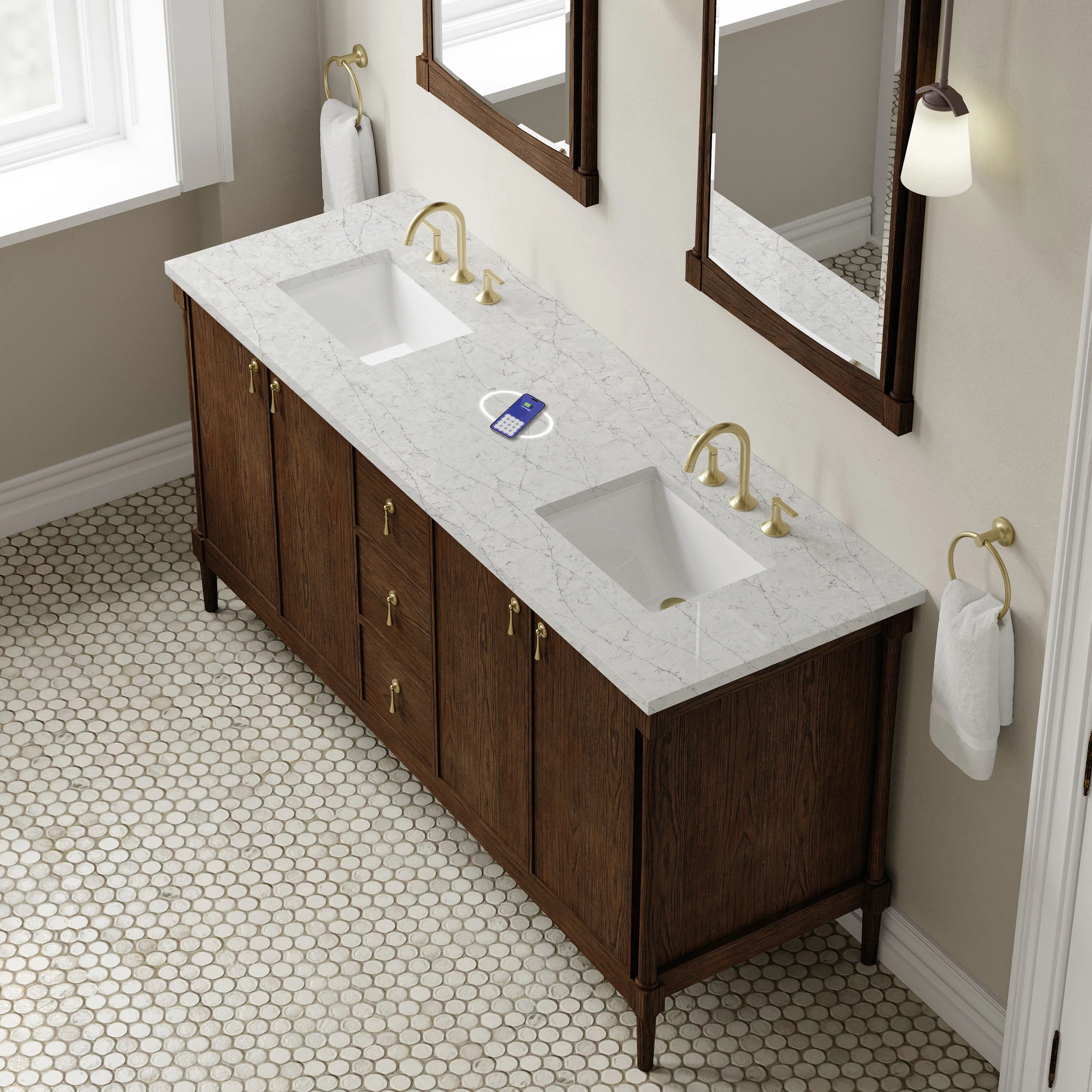 Kinnsden 72" Double Vanity, Sable Oak w/ 3 CM Eternal Jasmine Pearl Silestone Top w/FreePower Wireless Charger