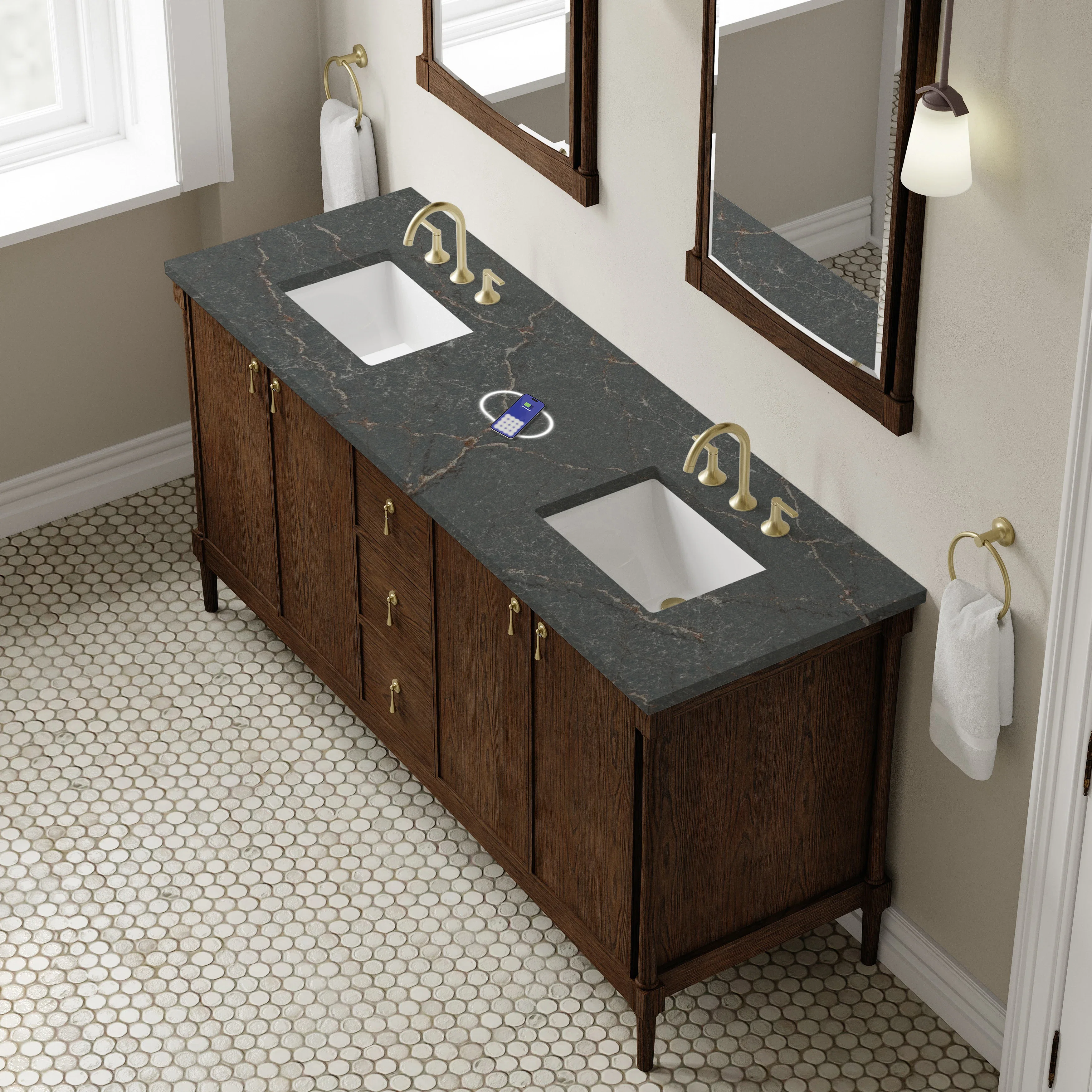 Kinnsden 72" Double Vanity, Sable Oak w/ 3 CM Parisien Bleu Silestone Top w/FreePower Wireless Charger