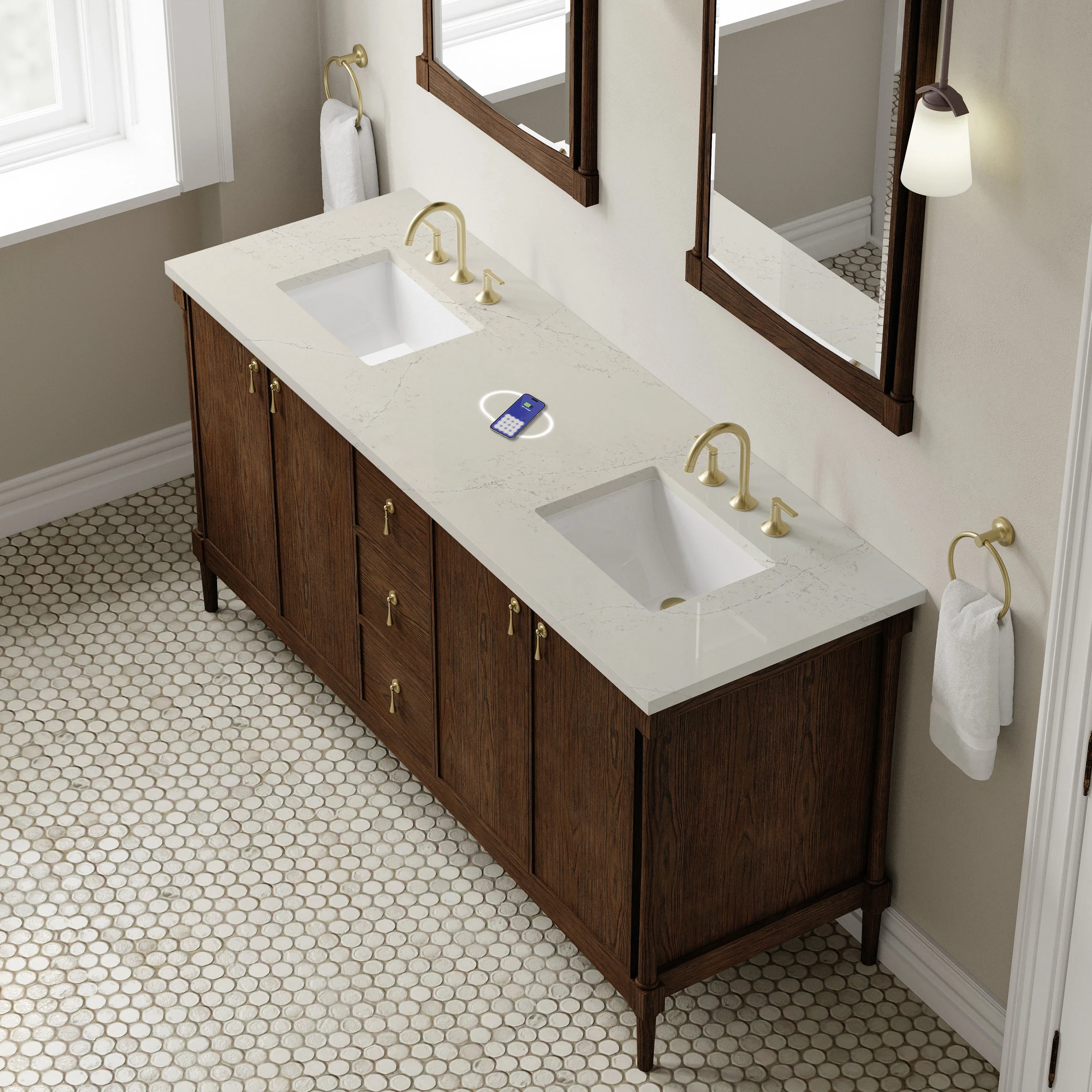 Kinnsden 72" Double Vanity, Sable Oak w/ 3 CM Siberian Silestone Top w/FreePower Wireless Charger