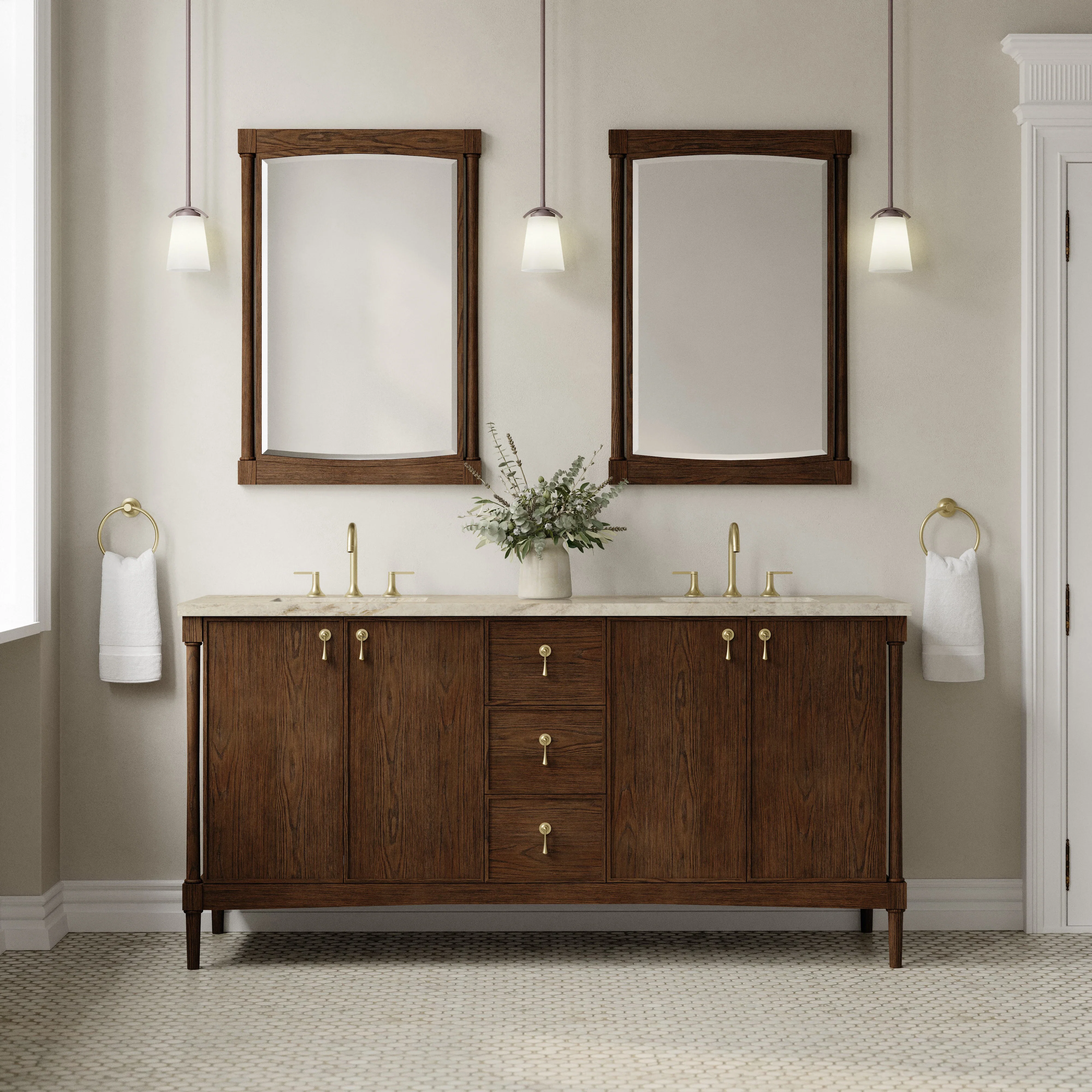 Kinnsden 72" Double Vanity, Sable Oak w/ 3 CM Tajnar Eclos Top w/FreePower Wireless Charger