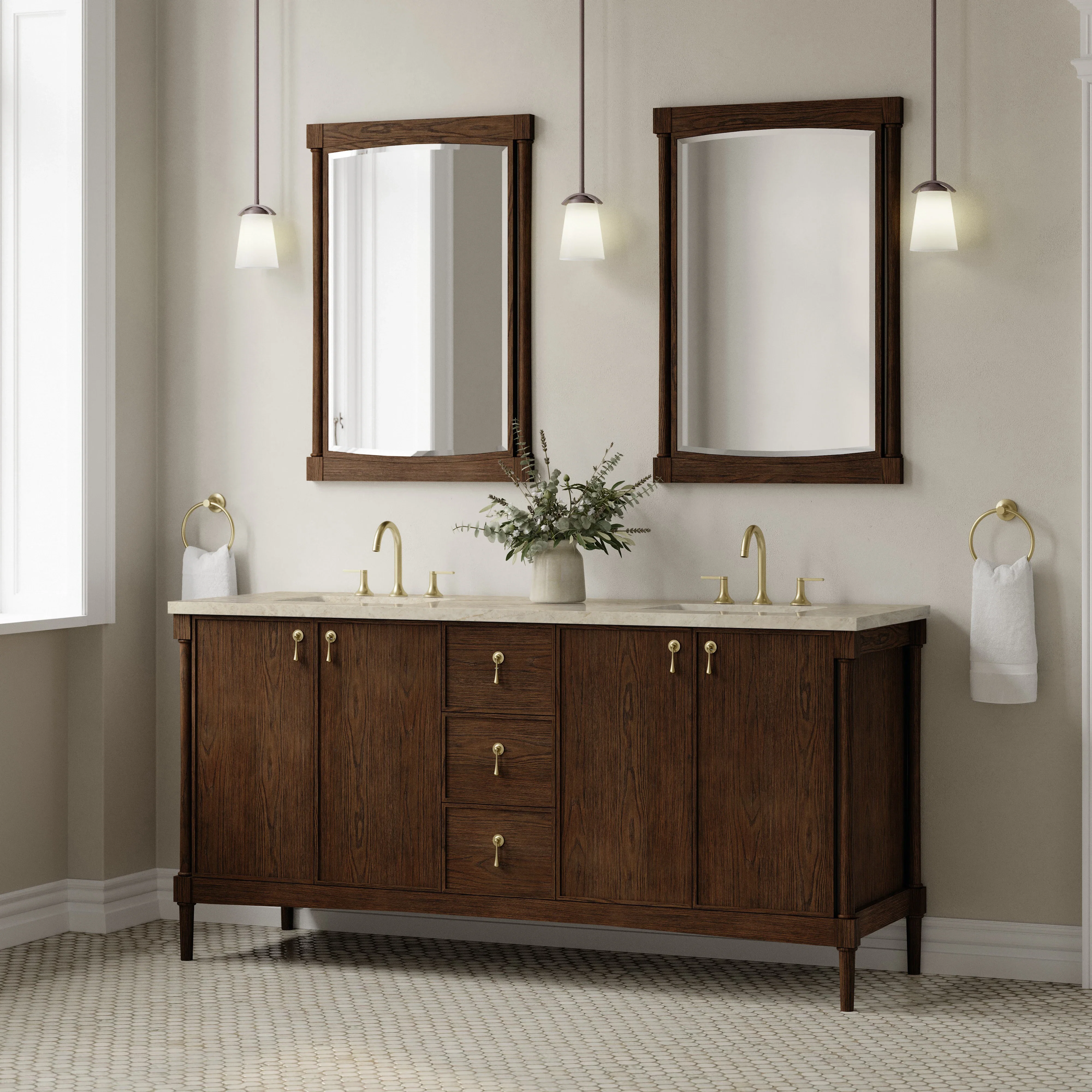 Kinnsden 72" Double Vanity, Sable Oak w/ 3 CM Tajnar Eclos Top w/FreePower Wireless Charger