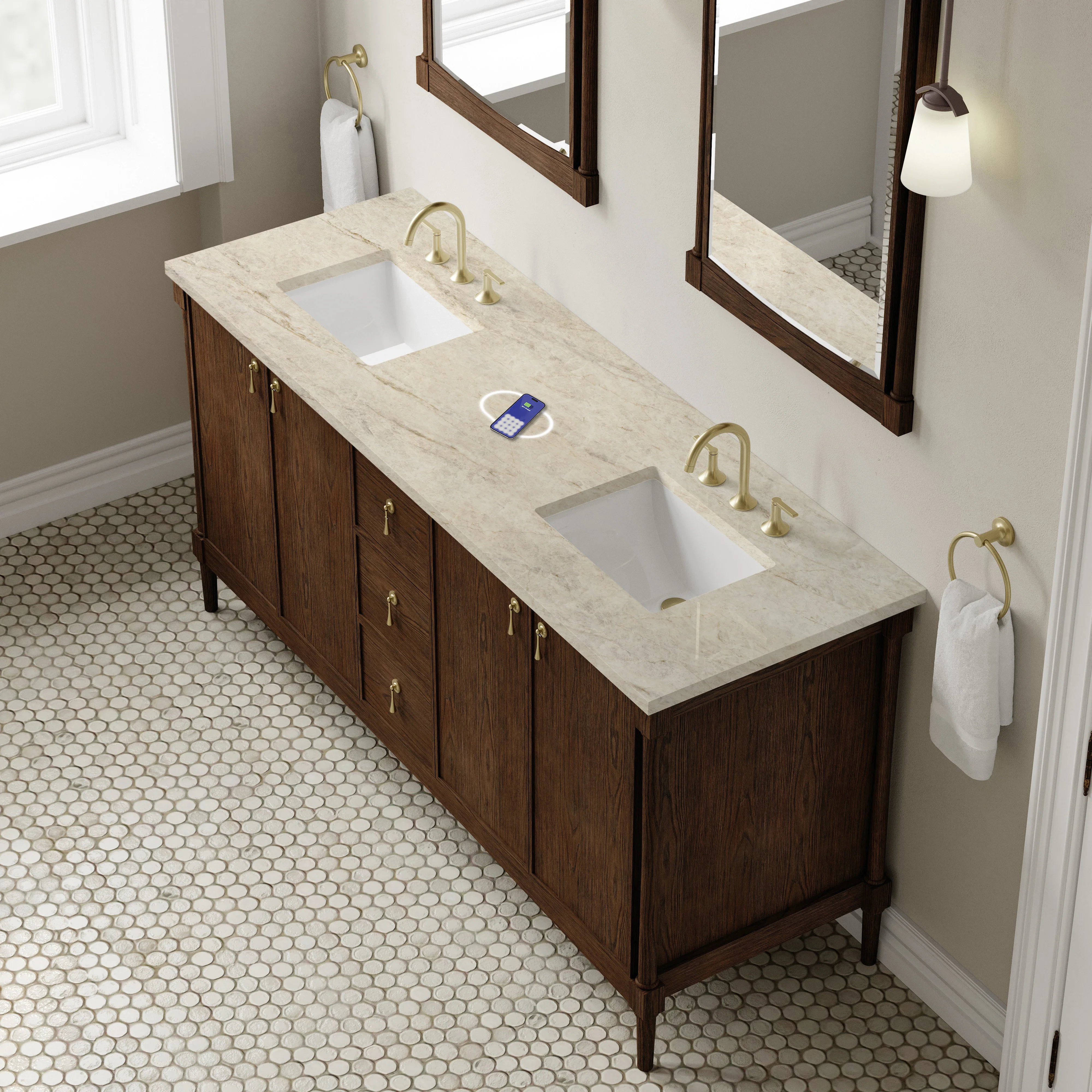 Kinnsden 72" Double Vanity, Sable Oak w/ 3 CM Tajnar Eclos Top w/FreePower Wireless Charger