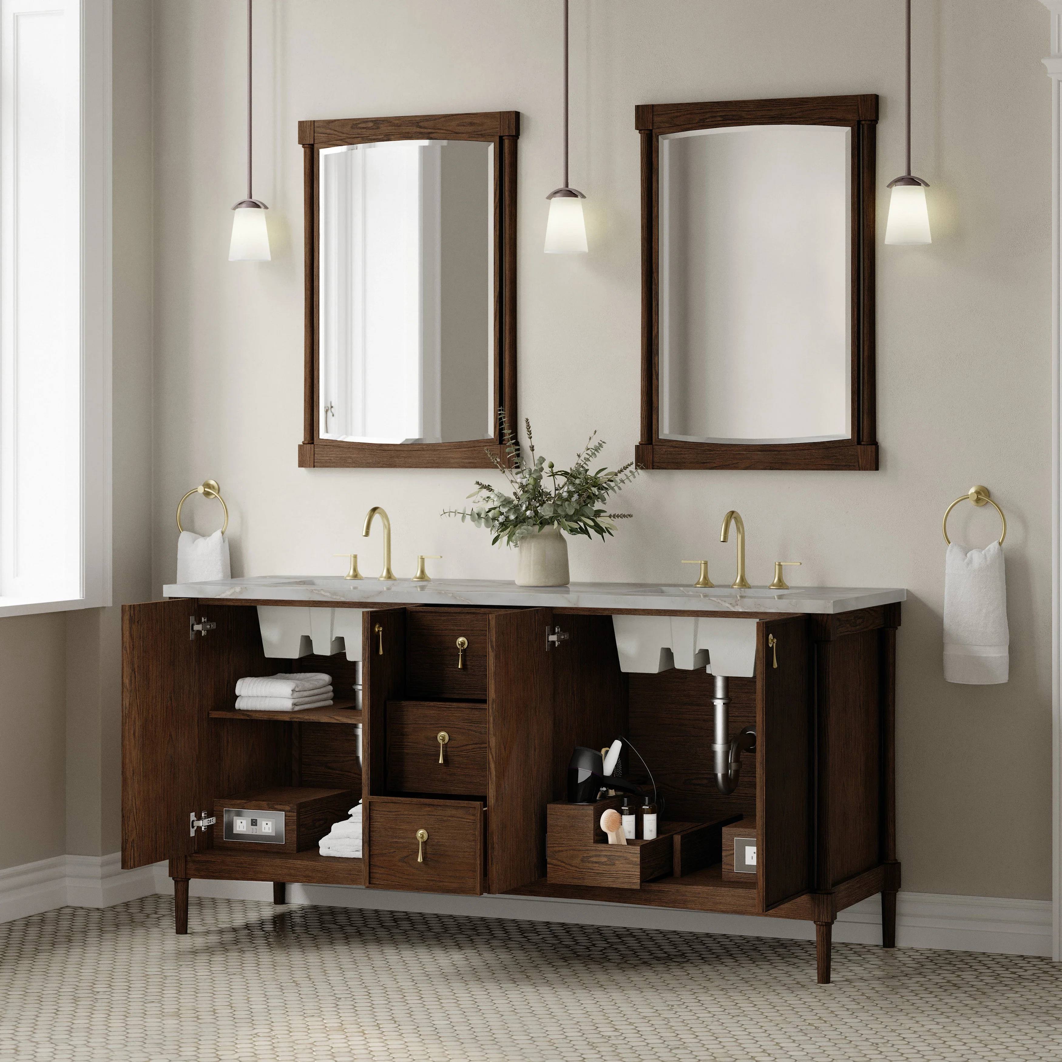 Kinnsden 72" Double Vanity, Sable Oak w/ 3 CM Victorian Silver Silestone Top w/FreePower Wireless Charger
