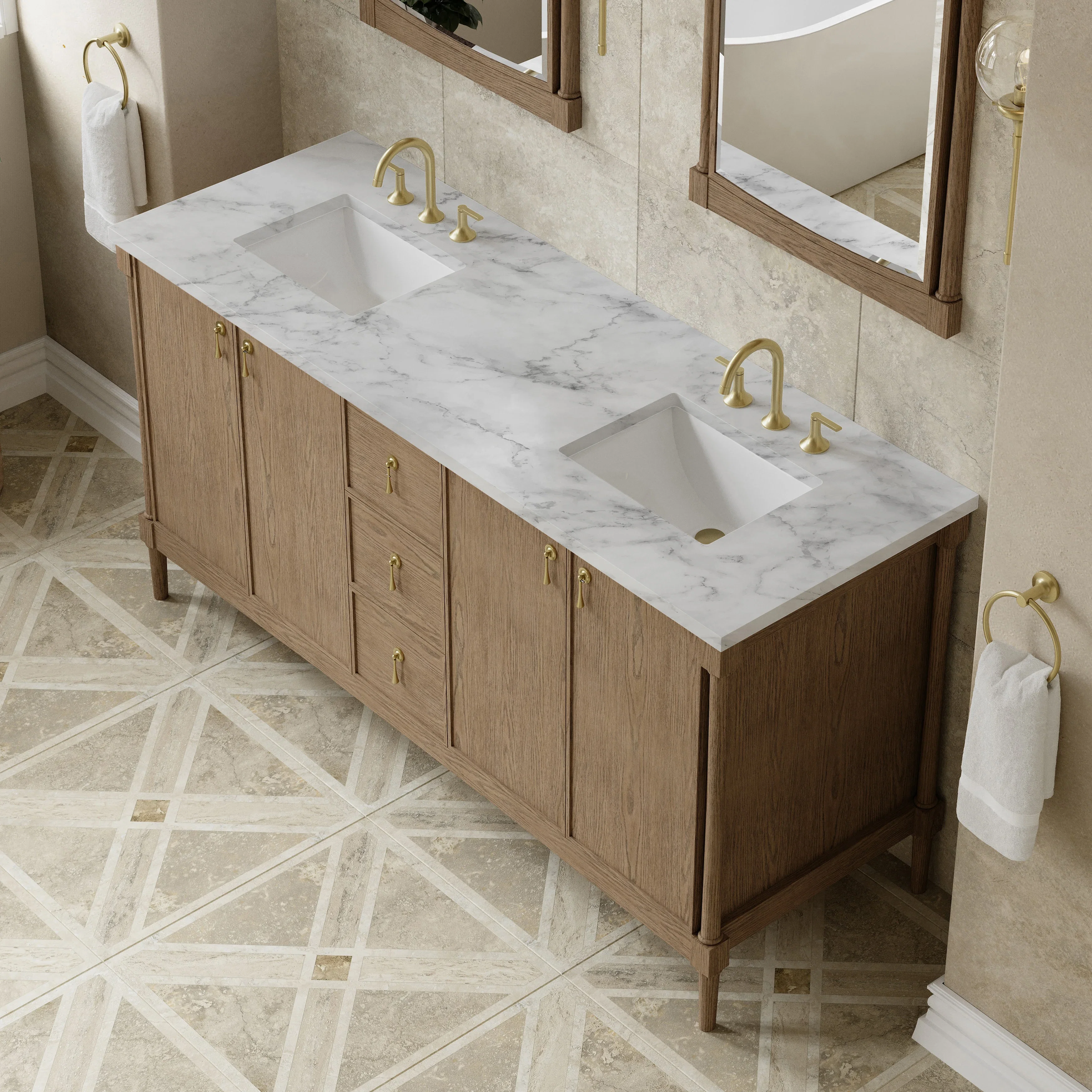 Kinnsden 72" Double Vanity, Weathered Oak w/ 3 CM Carrara Marble Top