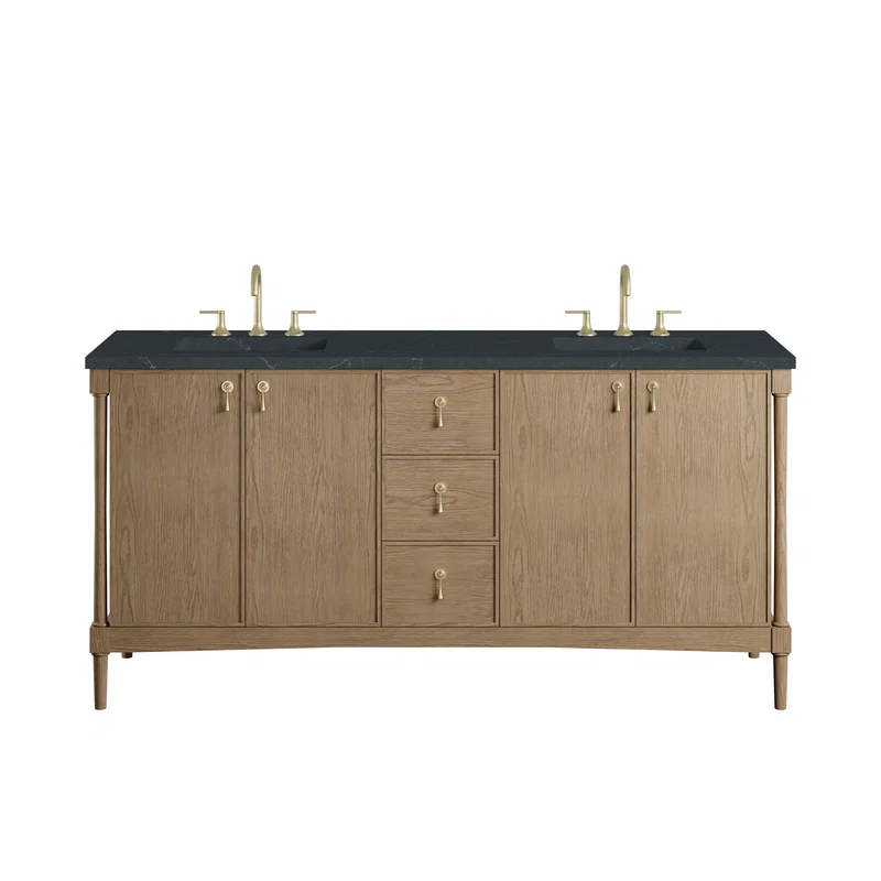 Kinnsden 72" Double Vanity, Weathered Oak w/ 3 CM Charcoal Soapstone Silestone Top