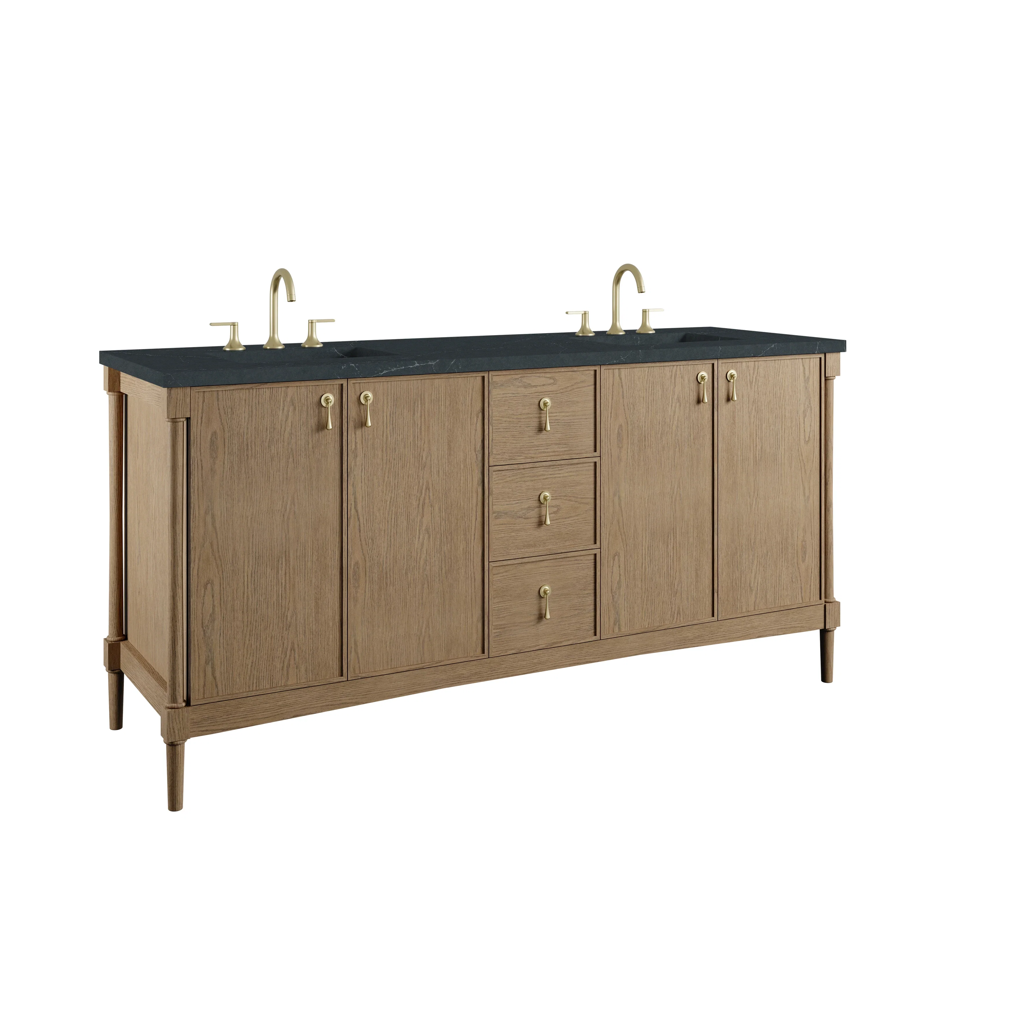 Kinnsden 72" Double Vanity, Weathered Oak w/ 3 CM Charcoal Soapstone Silestone Top