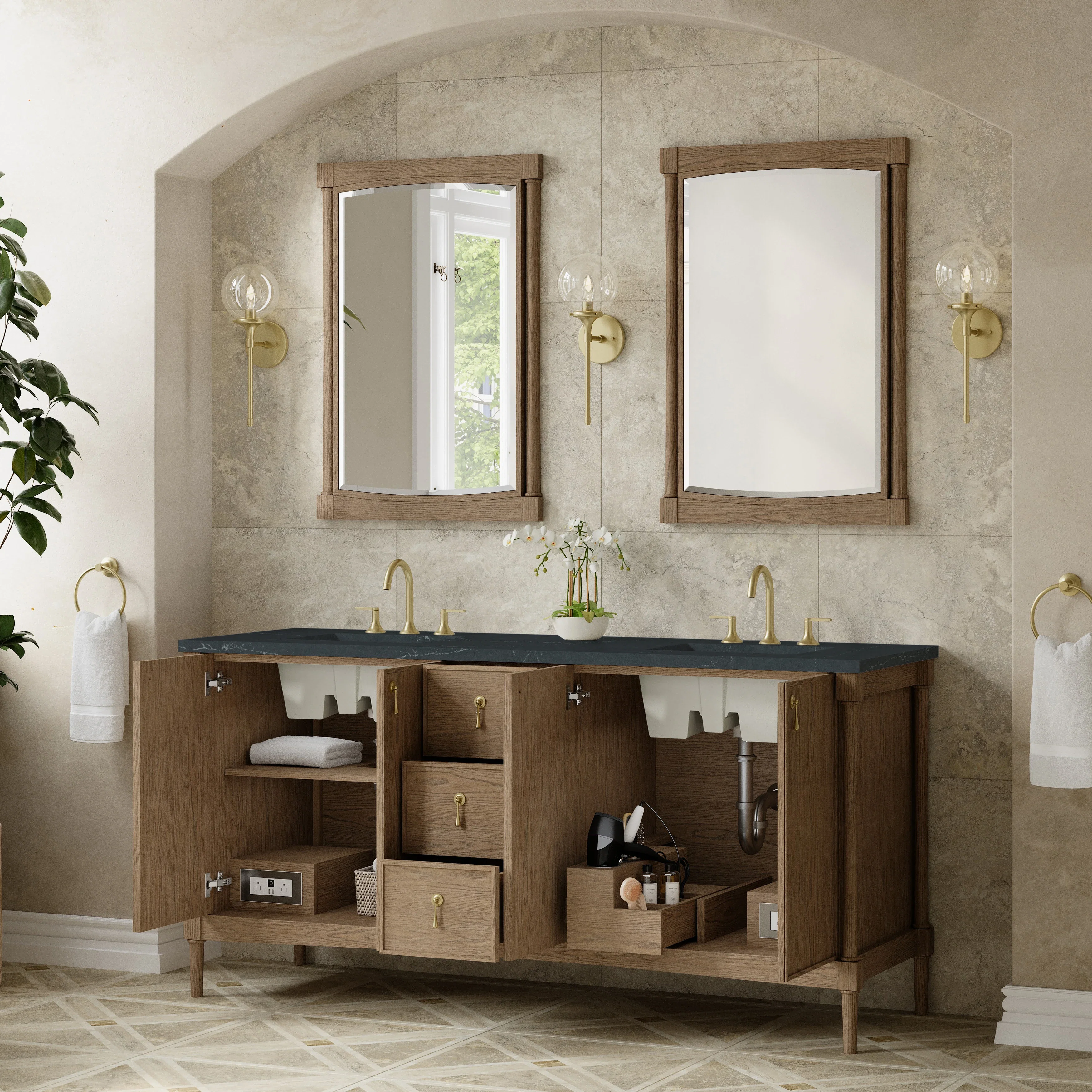 Kinnsden 72" Double Vanity, Weathered Oak w/ 3 CM Charcoal Soapstone Silestone Top