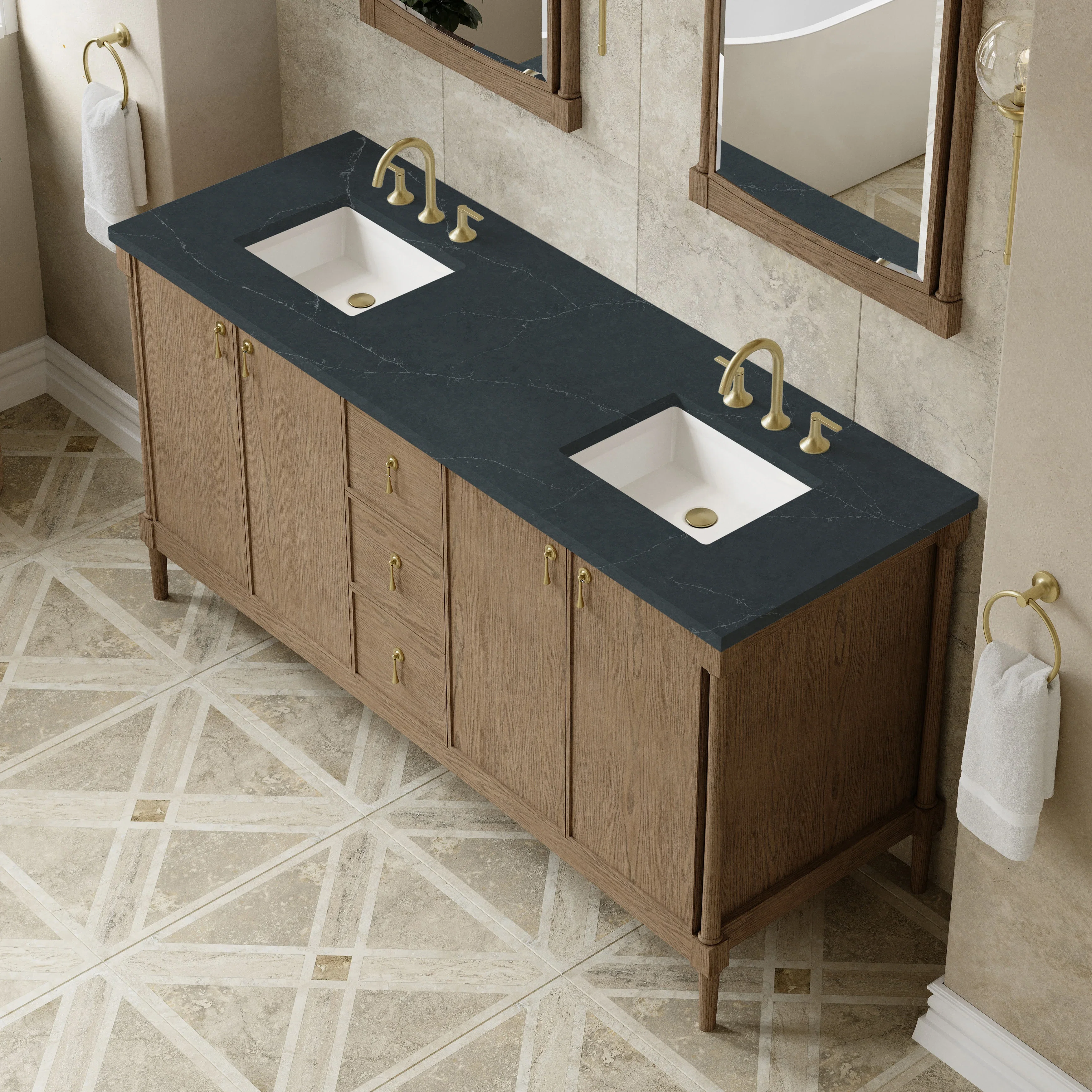 Kinnsden 72" Double Vanity, Weathered Oak w/ 3 CM Charcoal Soapstone Silestone Top