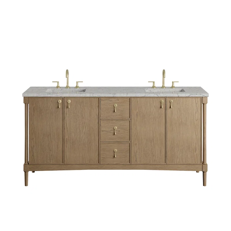 Kinnsden 72" Double Vanity, Weathered Oak w/ 3 CM Eternal Jasmine Pearl Silestone Top