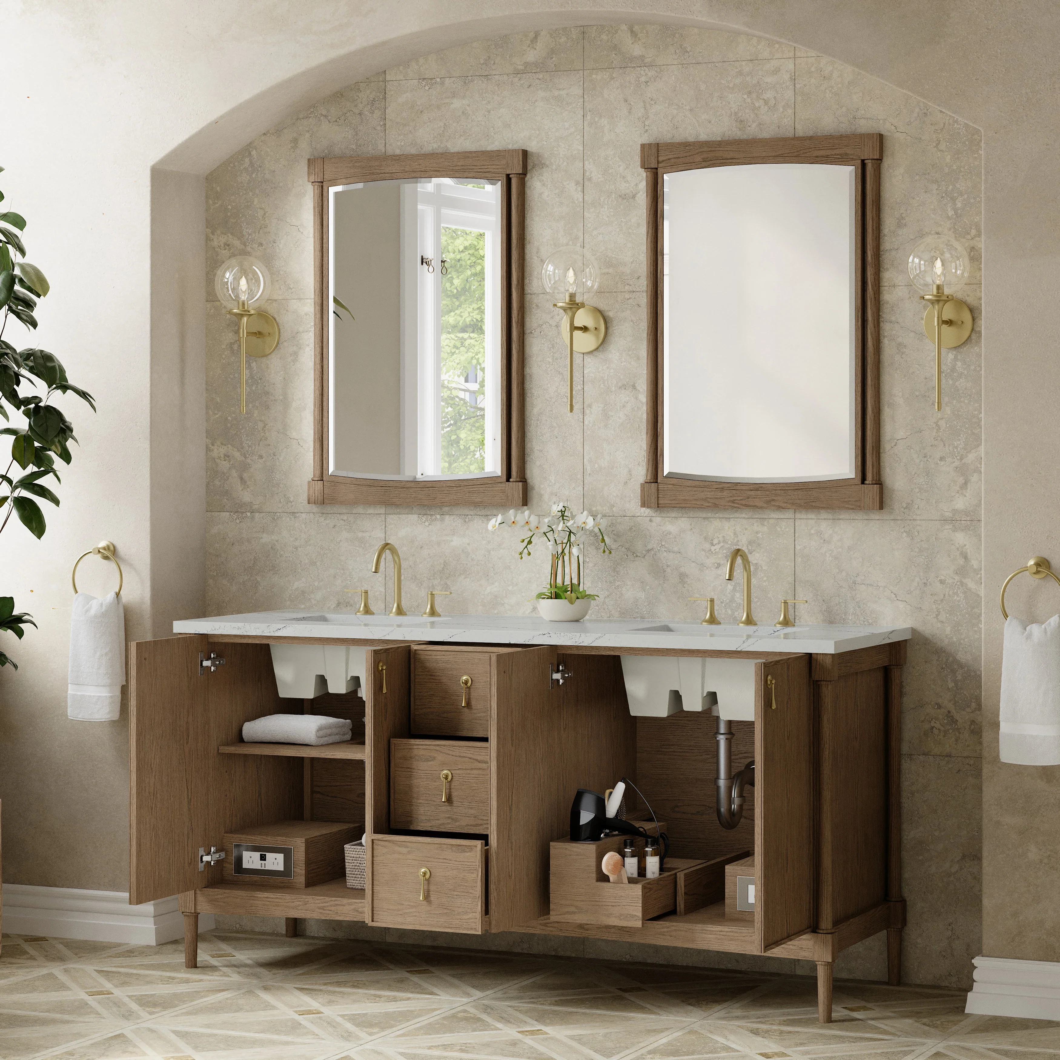 Kinnsden 72" Double Vanity, Weathered Oak w/ 3 CM Eternal Jasmine Pearl Silestone Top