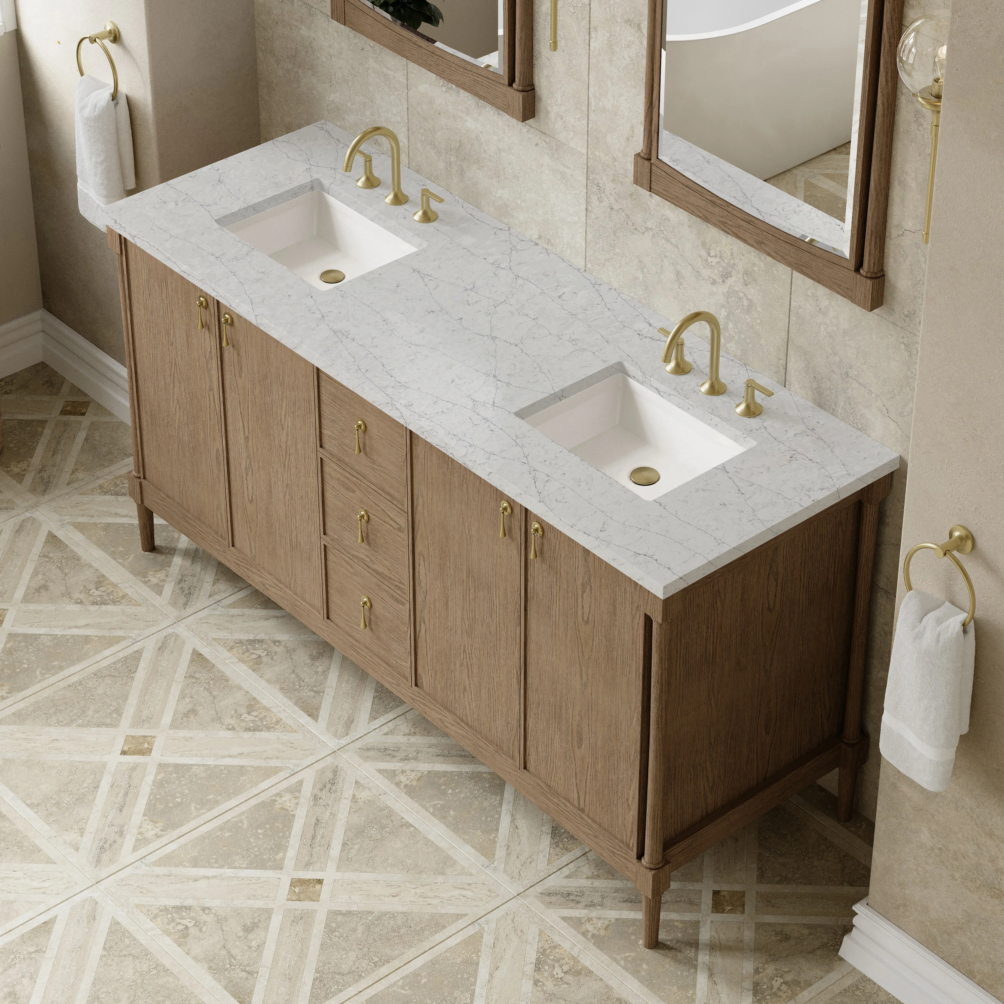 Kinnsden 72" Double Vanity, Weathered Oak w/ 3 CM Eternal Jasmine Pearl Silestone Top