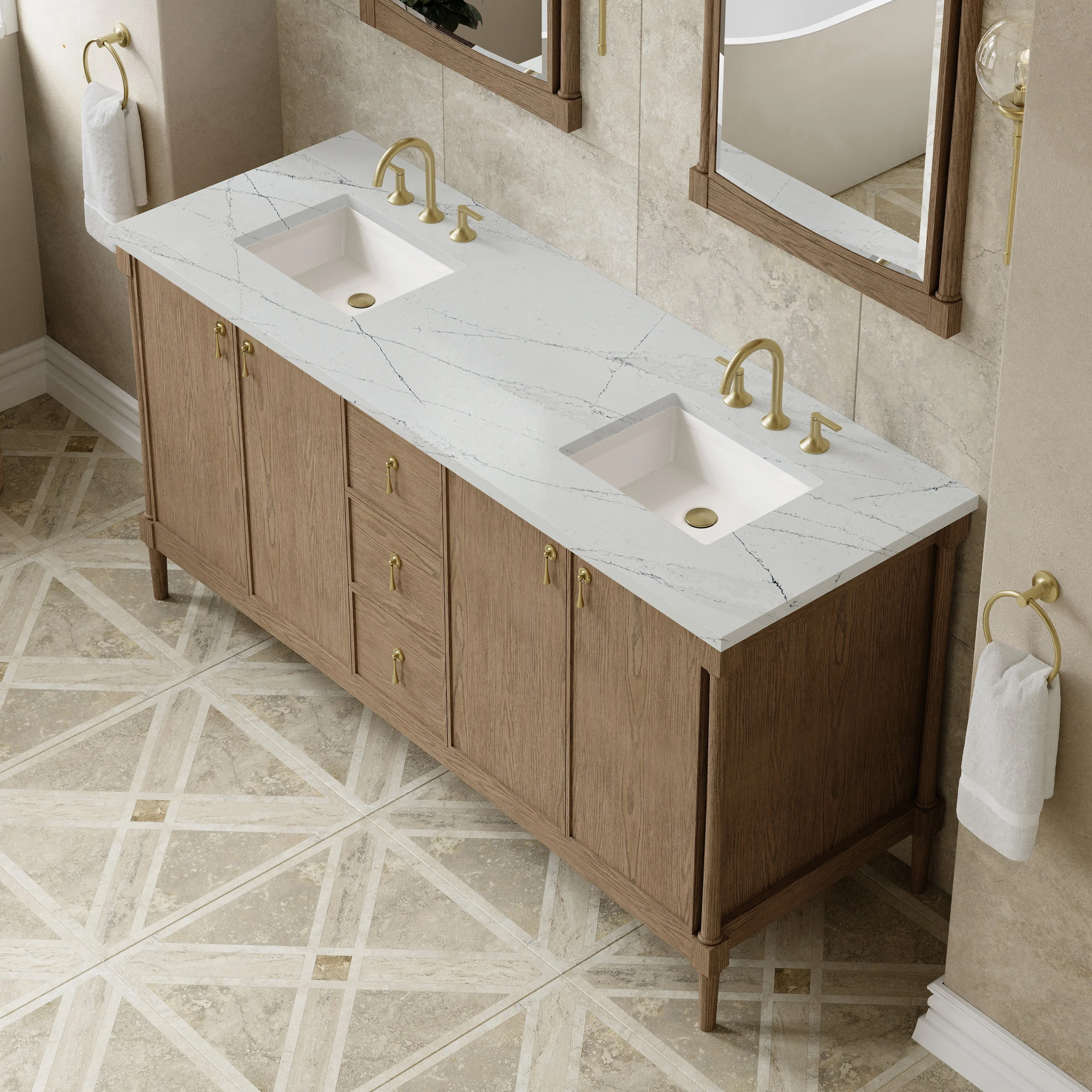 Kinnsden 72" Double Vanity, Weathered Oak w/ 3 CM Ethereal Noctis Silestone Top