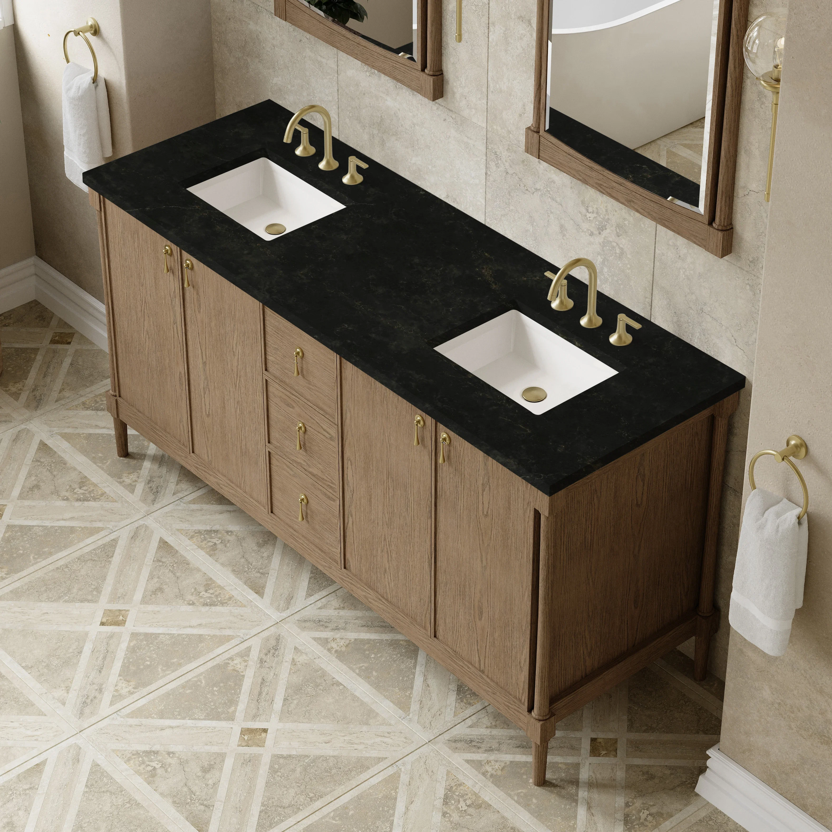 Kinnsden 72" Double Vanity, Weathered Oak w/ 3 CM Phantome Eclos Top