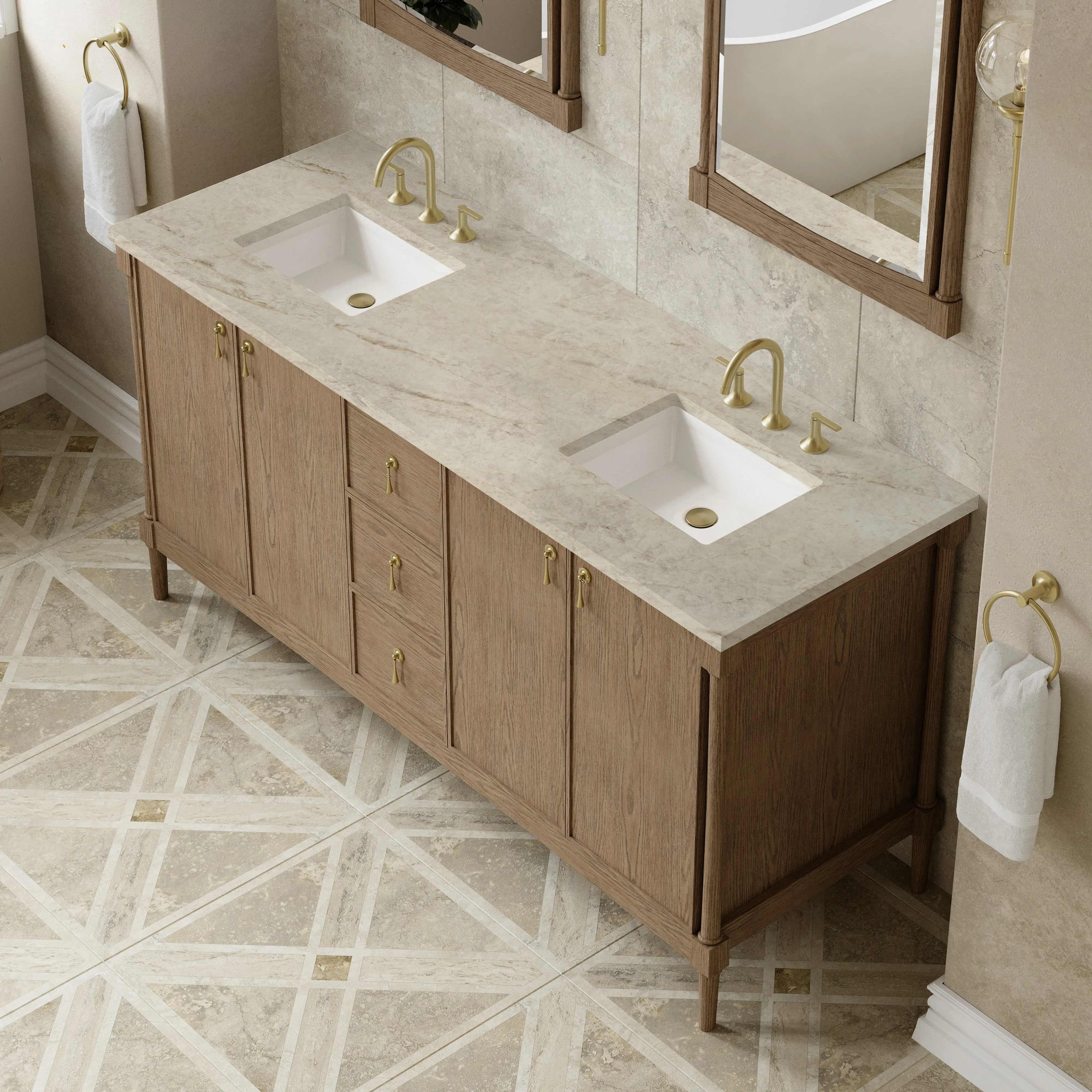 Kinnsden 72" Double Vanity, Weathered Oak w/ 3 CM Tajnar Eclos Top