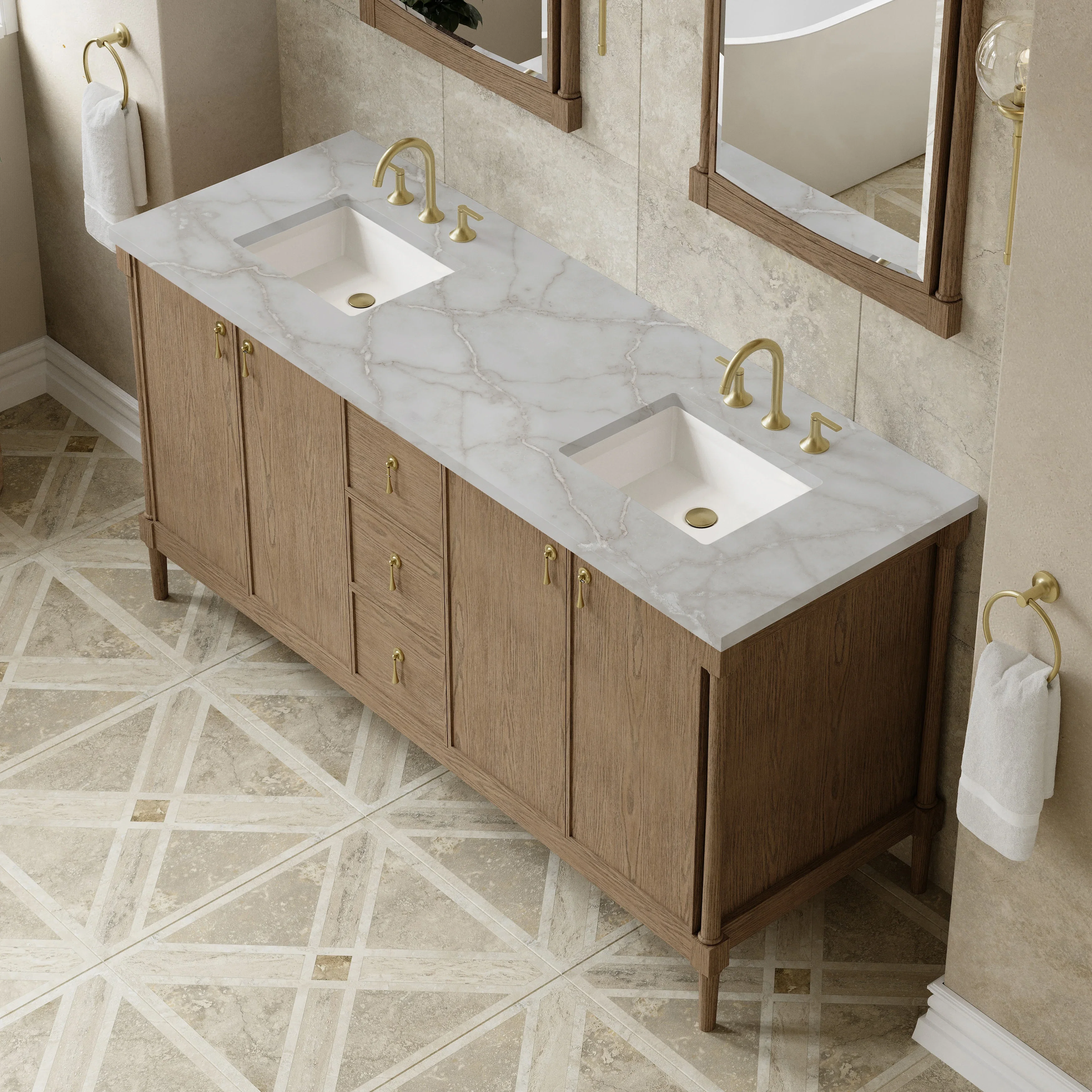 Kinnsden 72" Double Vanity, Weathered Oak w/ 3 CM Victorian Silver Silestone Top